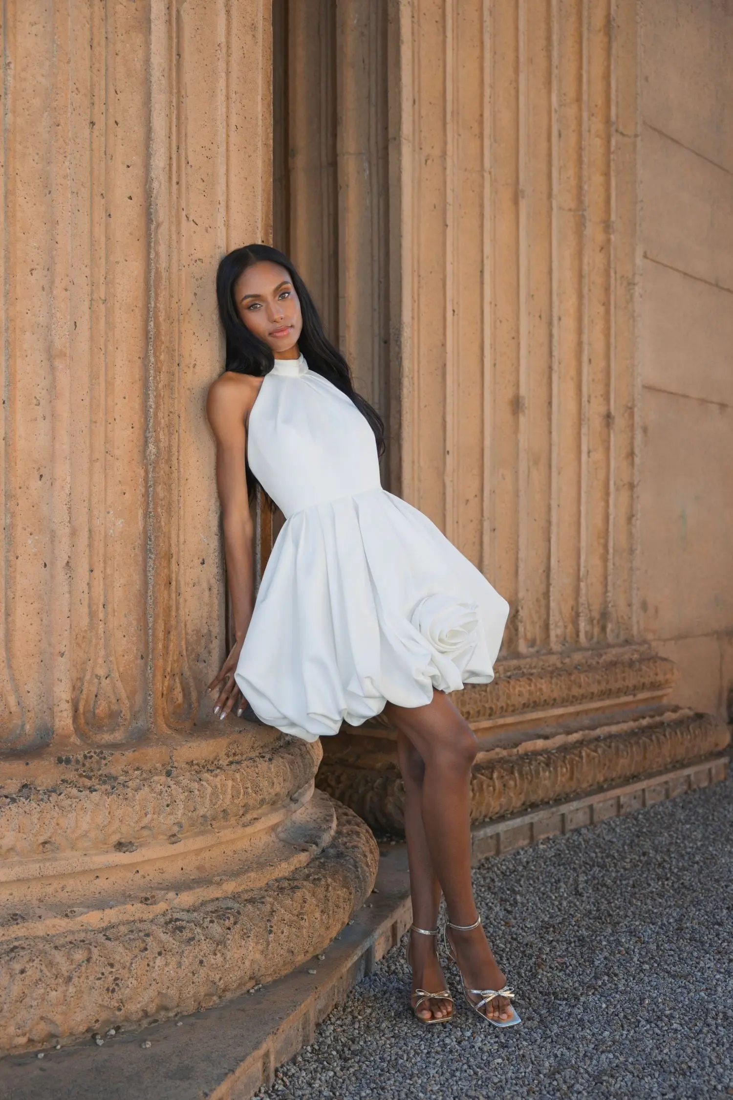White Satin Bubble Hem Backless Mini Dress - Image 4