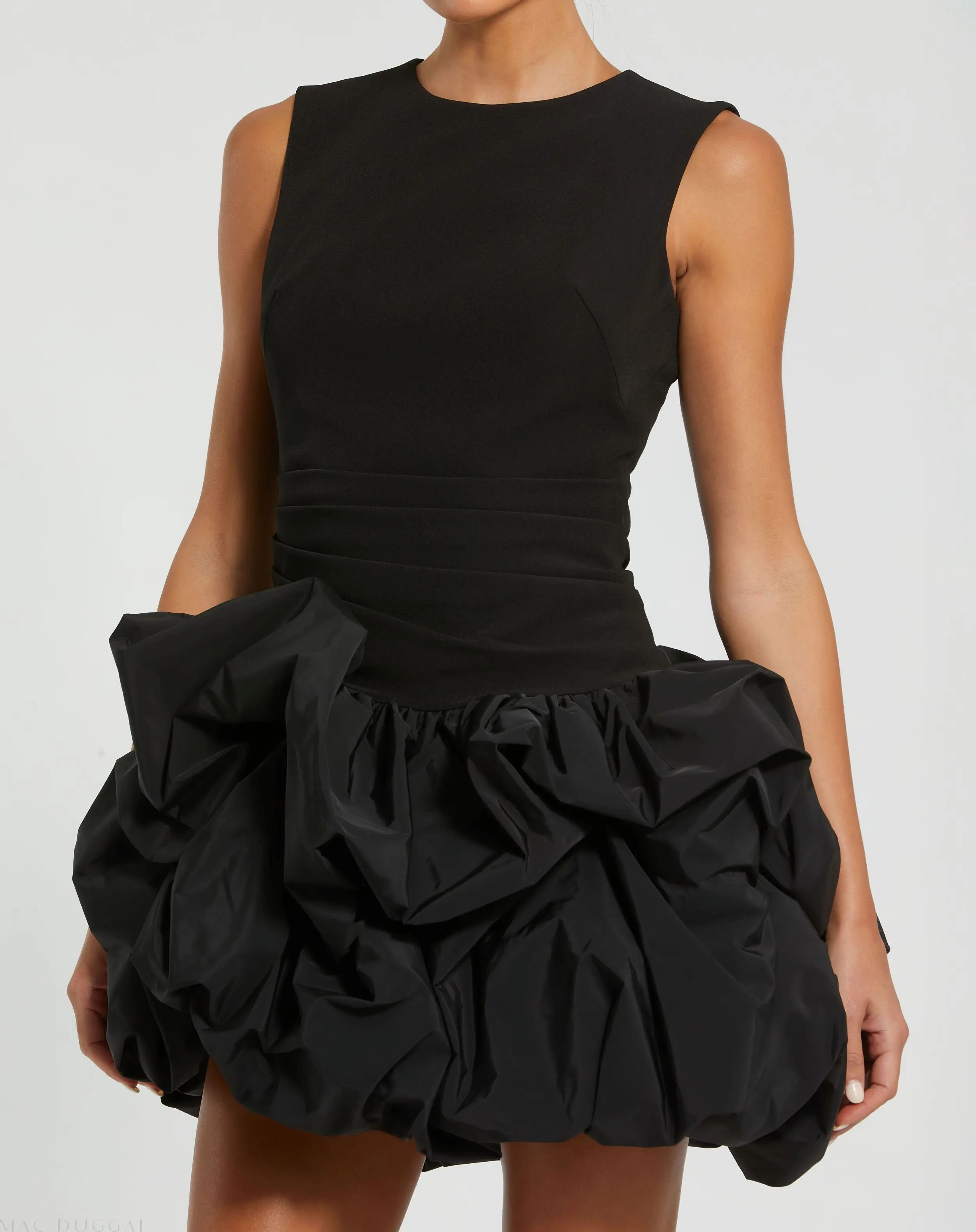 Black Sleeveless Crepe Bubble Skirt Mini Dress - Image 2