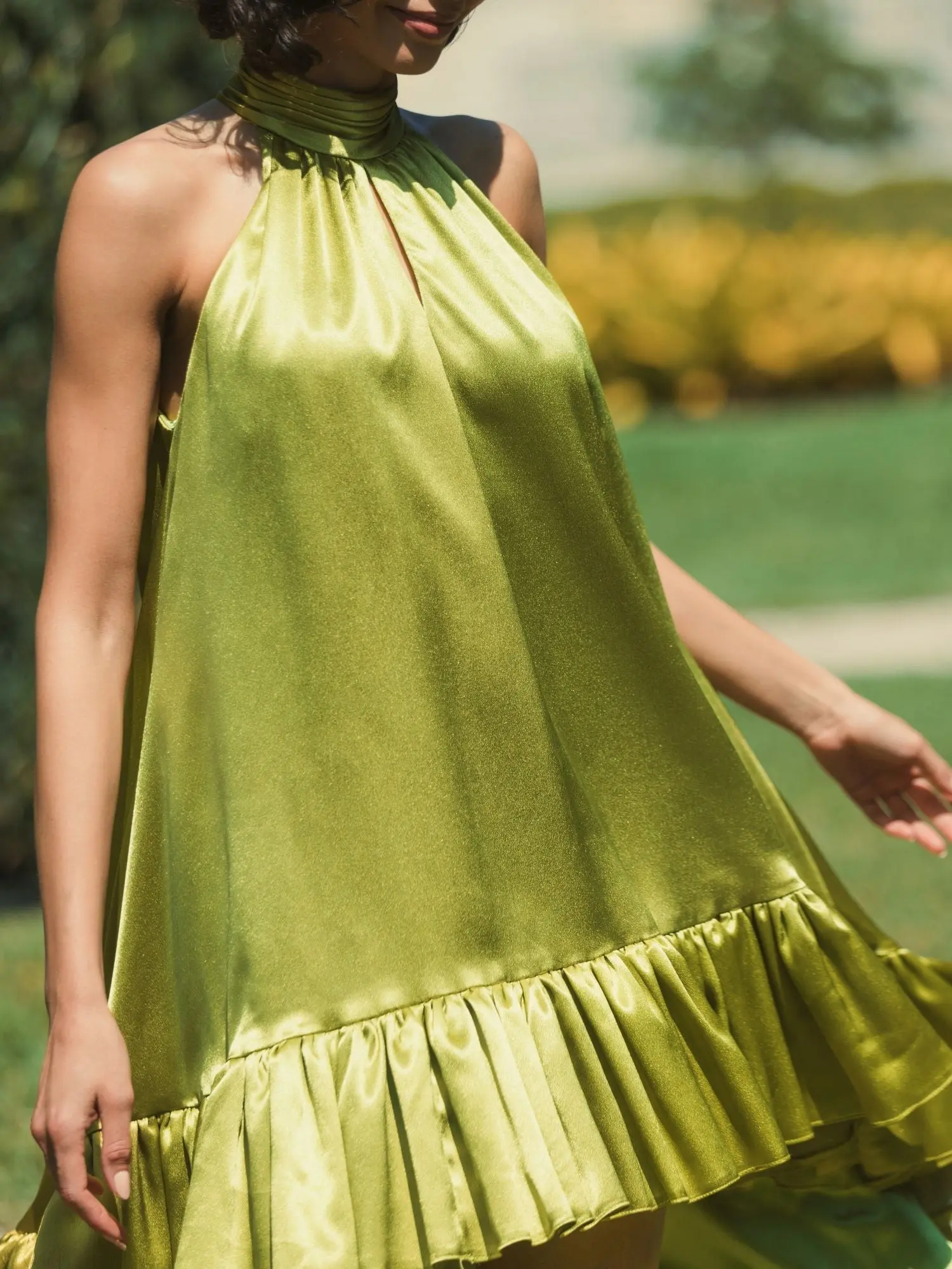 Green High Neck Satin Mini Dress With Keyhole - Image 5