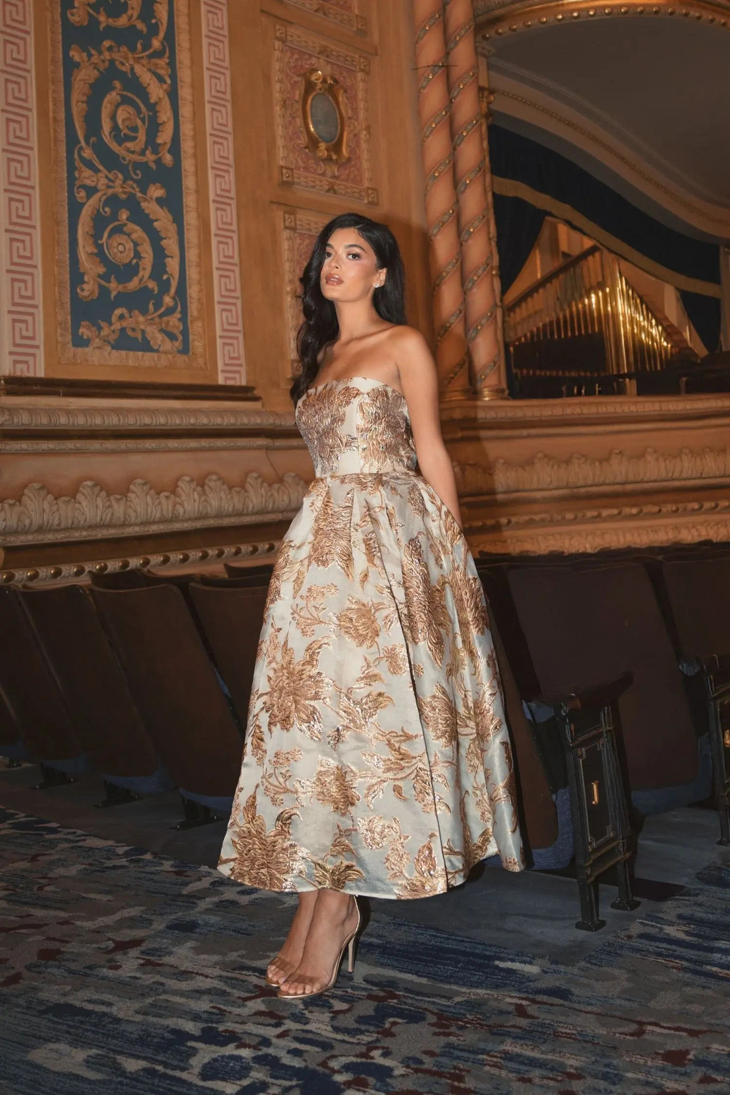 Gold Strapless Brocade Midi Dress with Pockets - Image 4