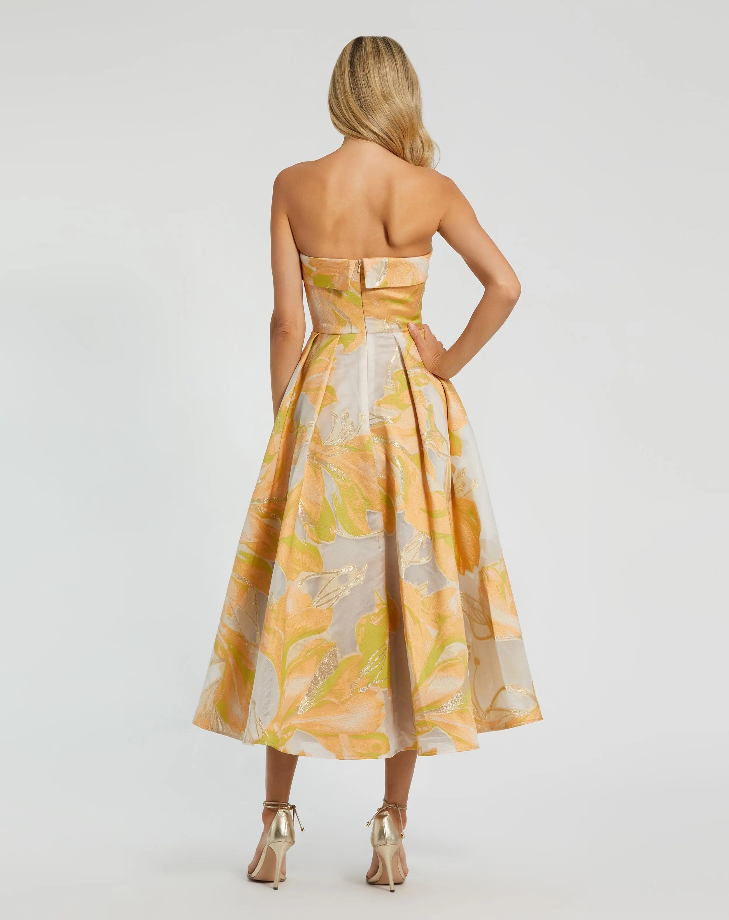 Beige and Orange Strapless Brocade Midi Dress with Pockets - Image 3
