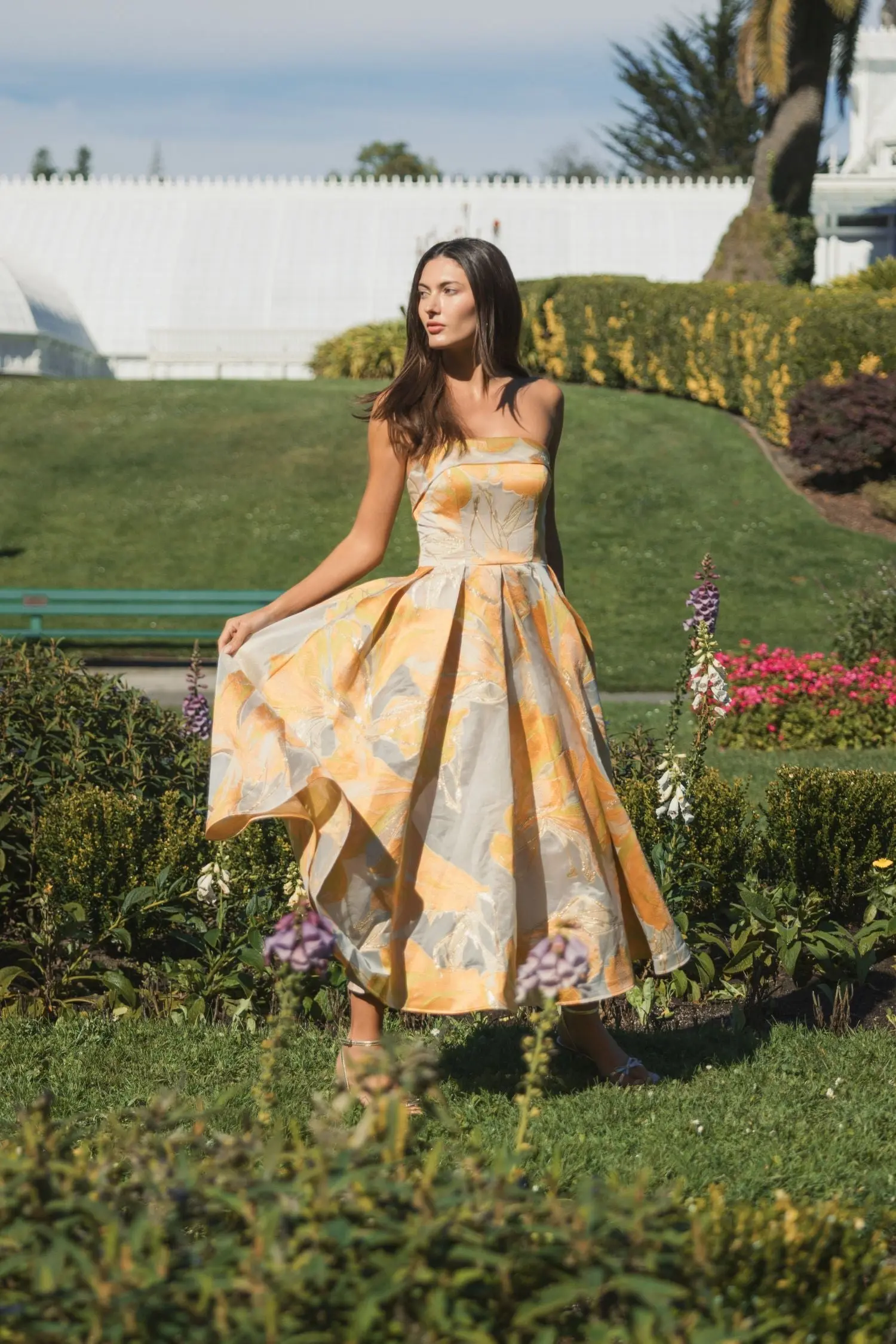 Beige and Orange Strapless Brocade Midi Dress with Pockets - Image 4