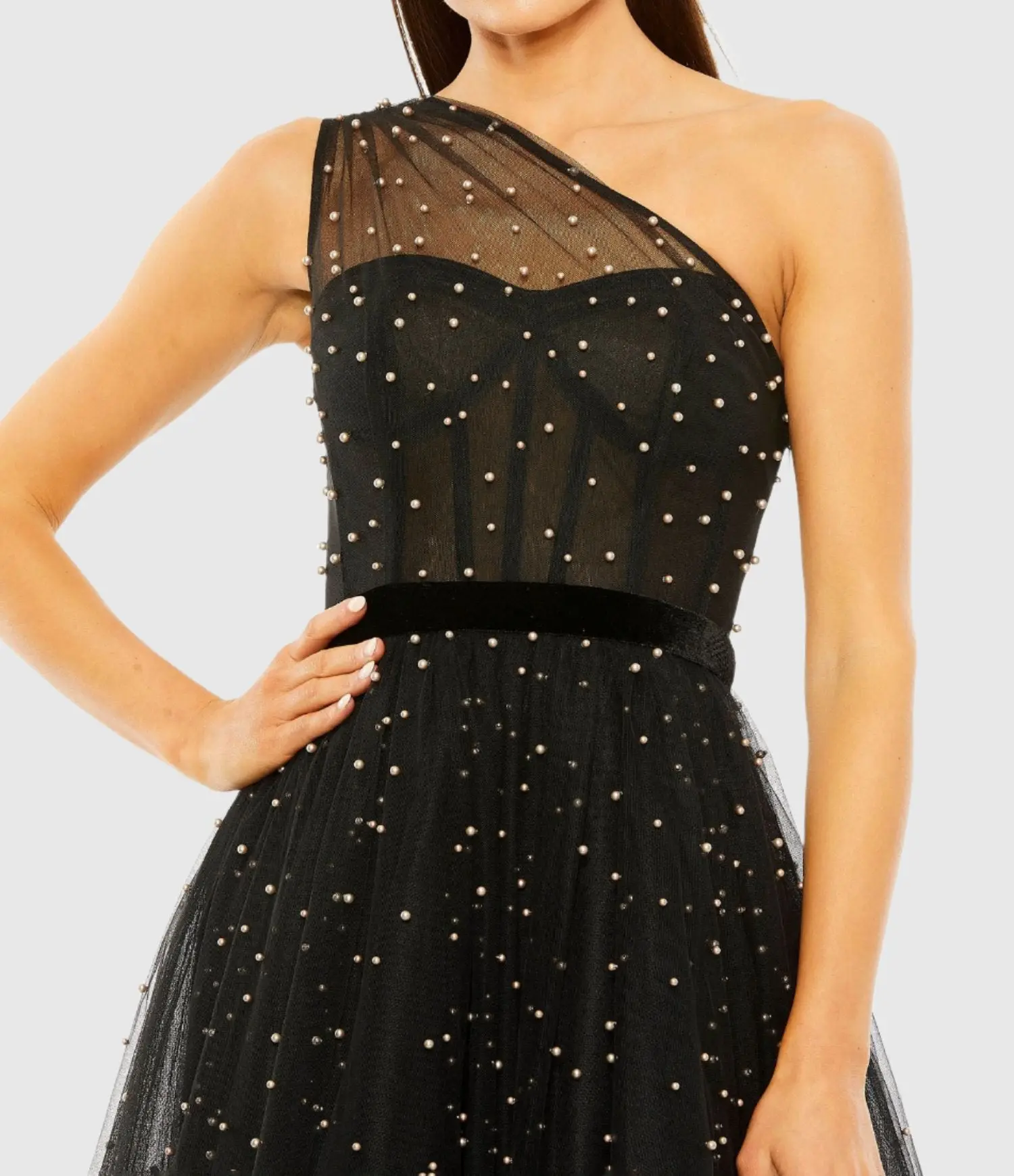 Black One Shoulder Pearl Beaded Midi Ball Gown - Image 2