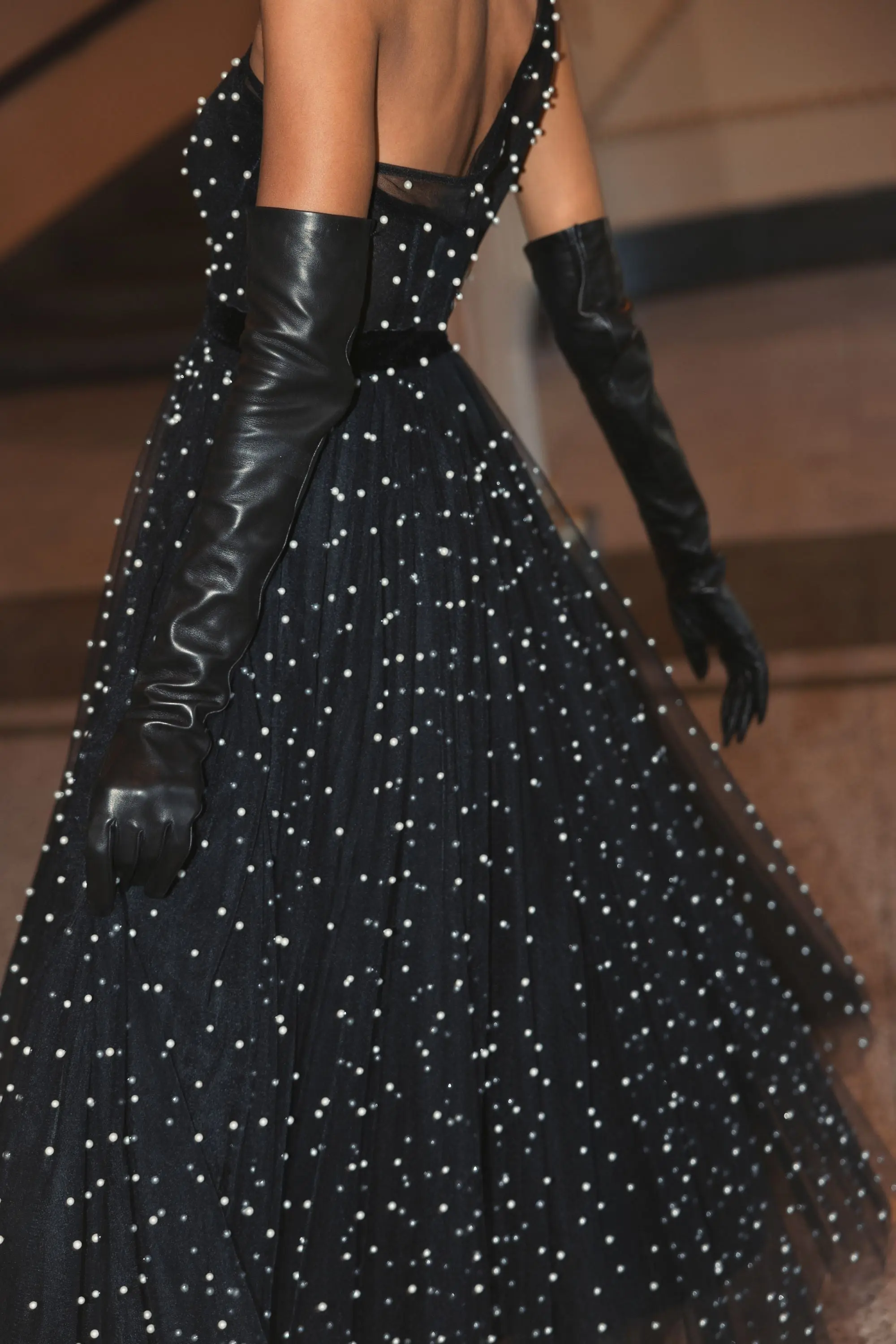Black One Shoulder Pearl Beaded Midi Ball Gown - Image 5