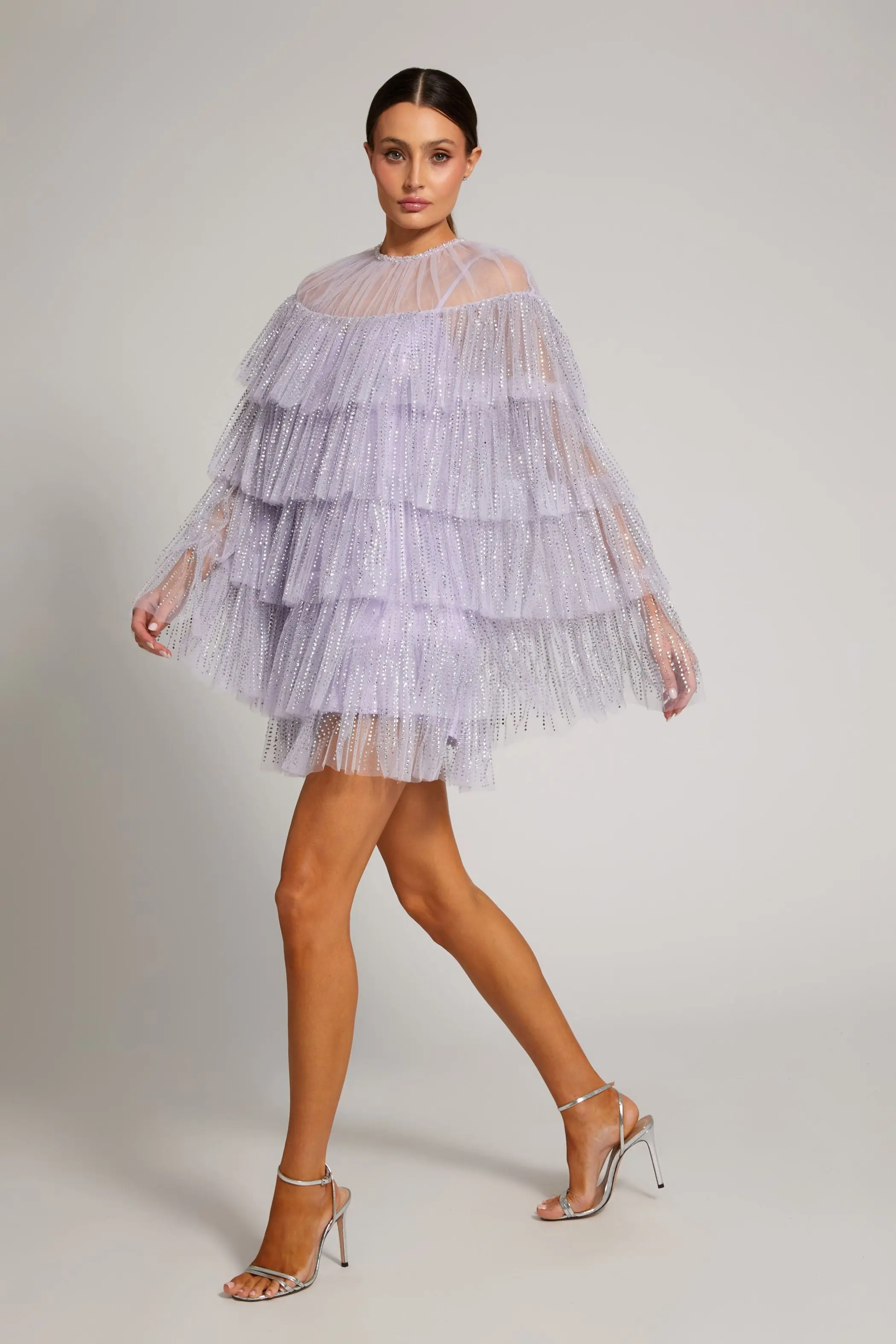 Purple Embellished High Neck Ruffle Mini Dress - Image 4
