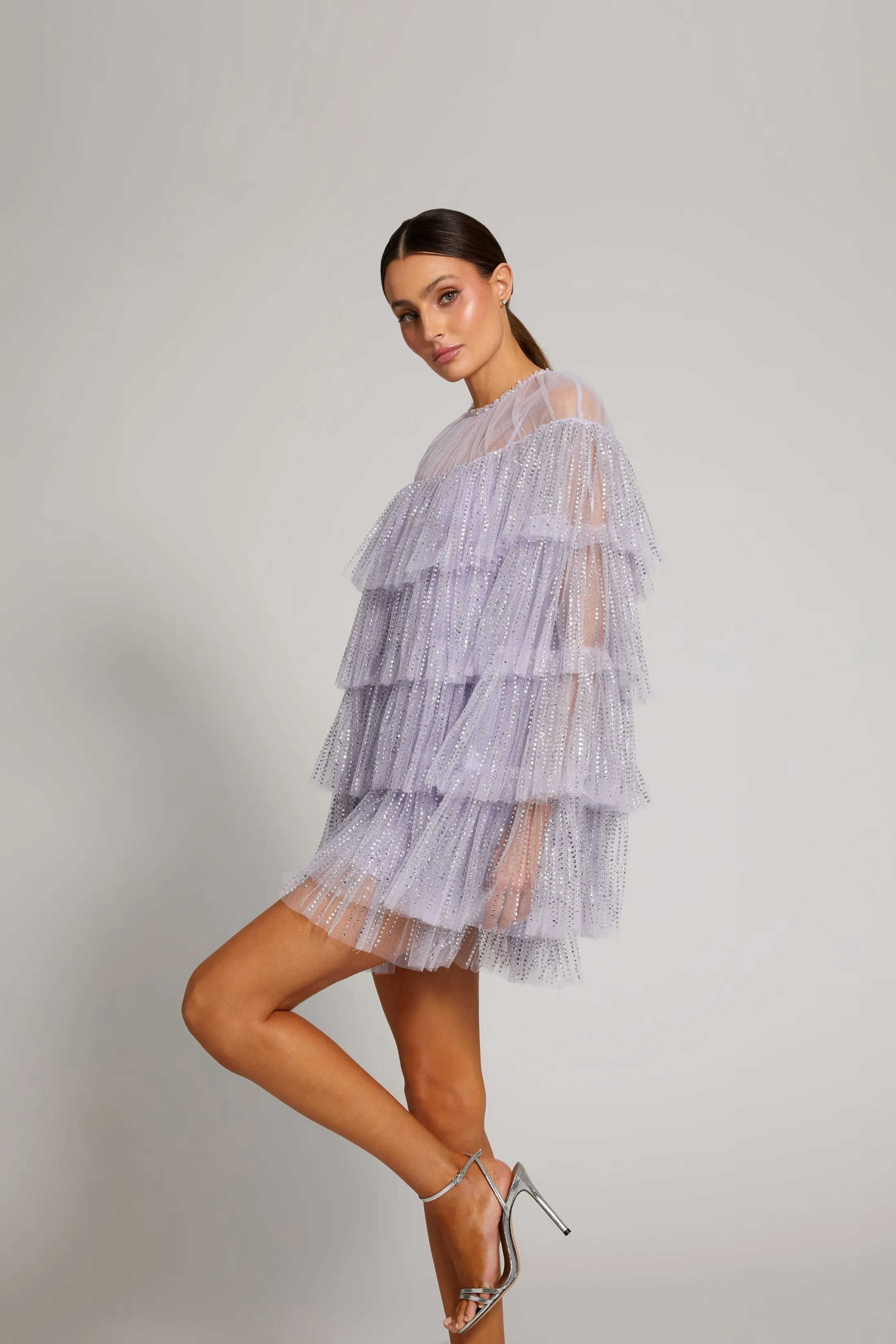 Purple Embellished High Neck Ruffle Mini Dress - Image 6