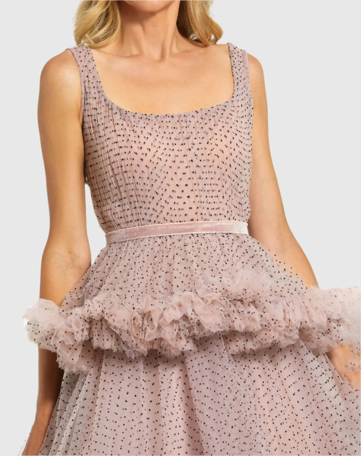 Pink Sleeveless Dot Net Ruffle Dress - Image 2