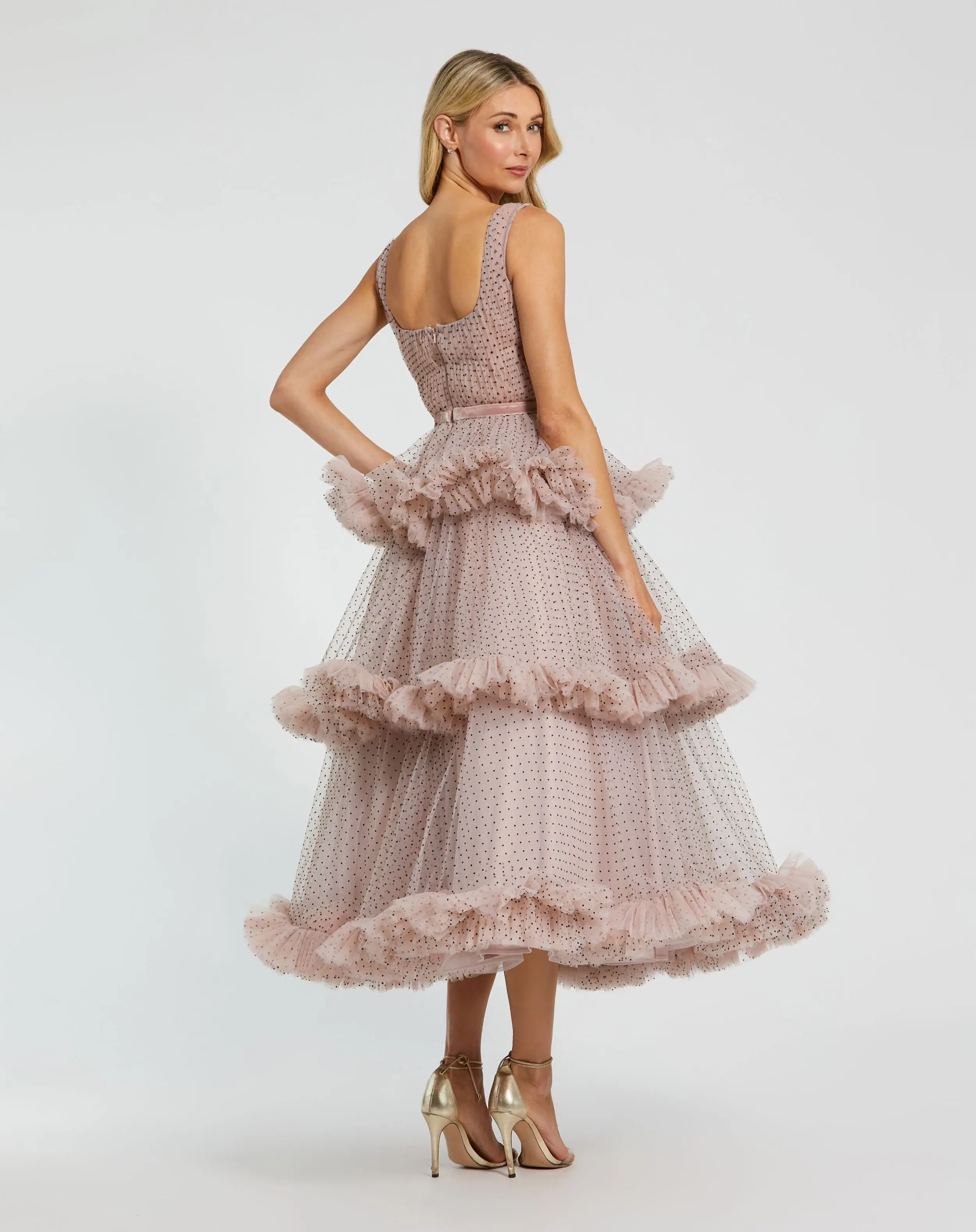 Pink Sleeveless Dot Net Ruffle Dress - Image 3