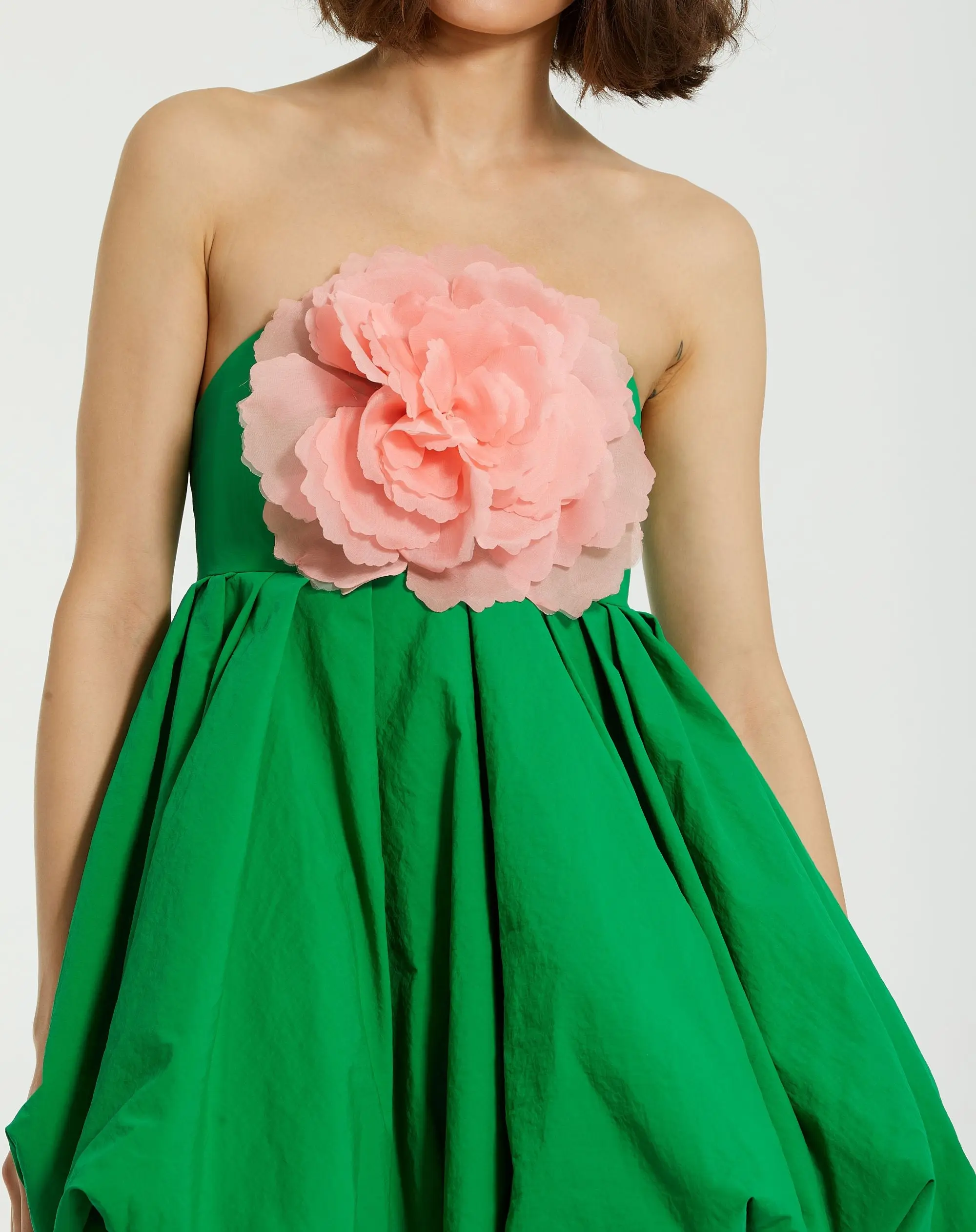 Green Strapless Faille Mini Dress With 3D Flower - Image 3