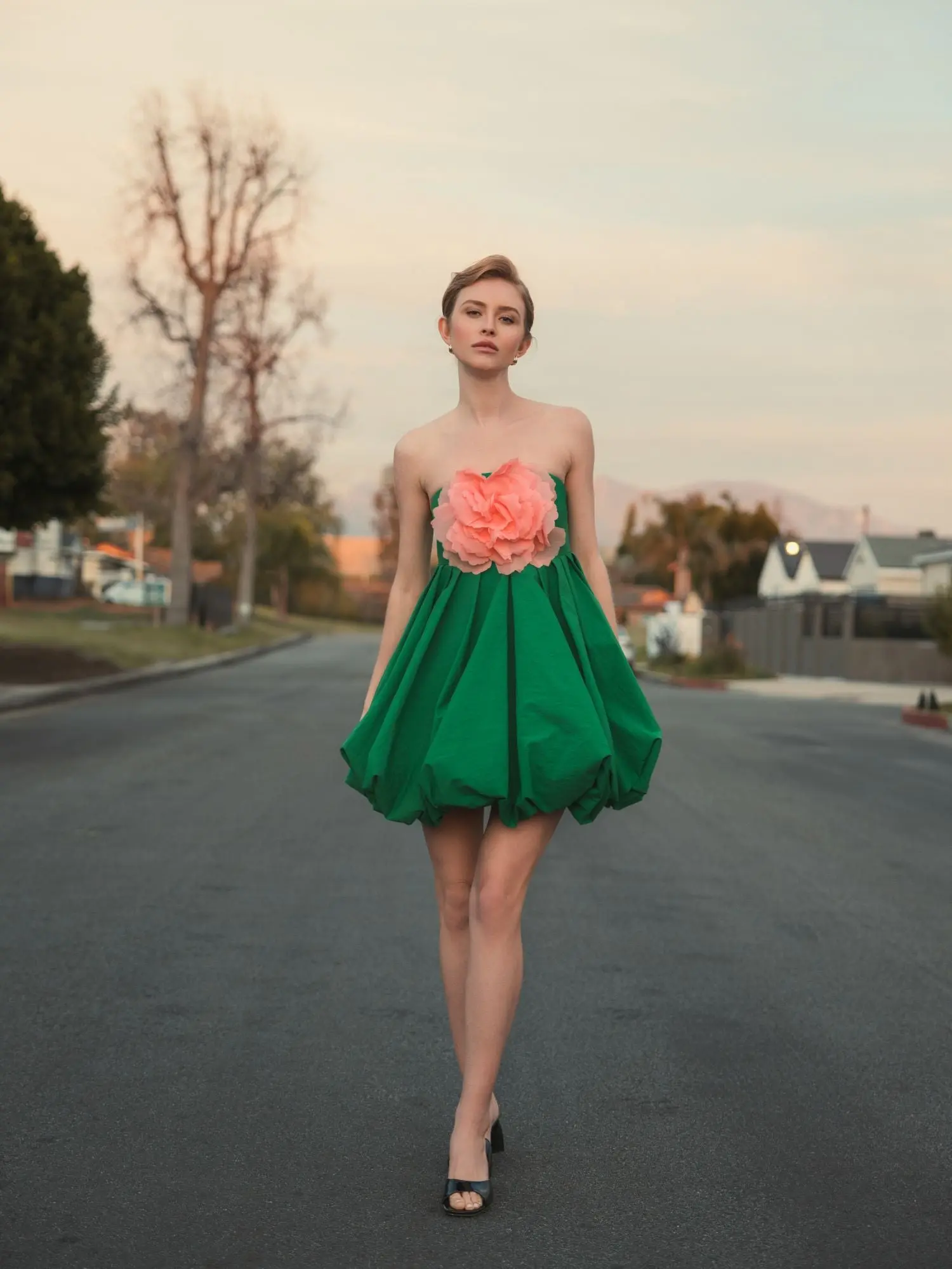 Green Strapless Faille Mini Dress With 3D Flower - Image 6