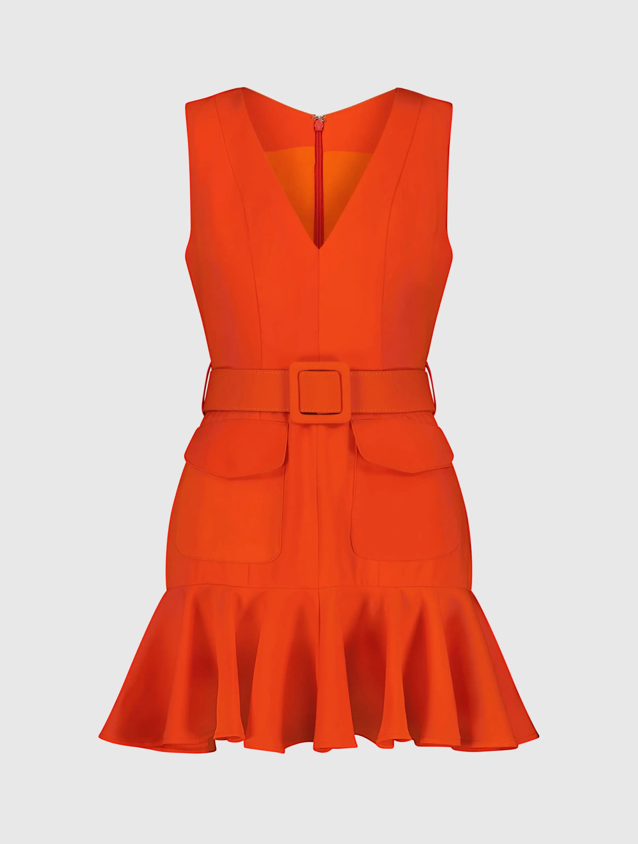 Orange Sleeveless Crepe Mini Dress With Belt And Front Pockets - Image 2