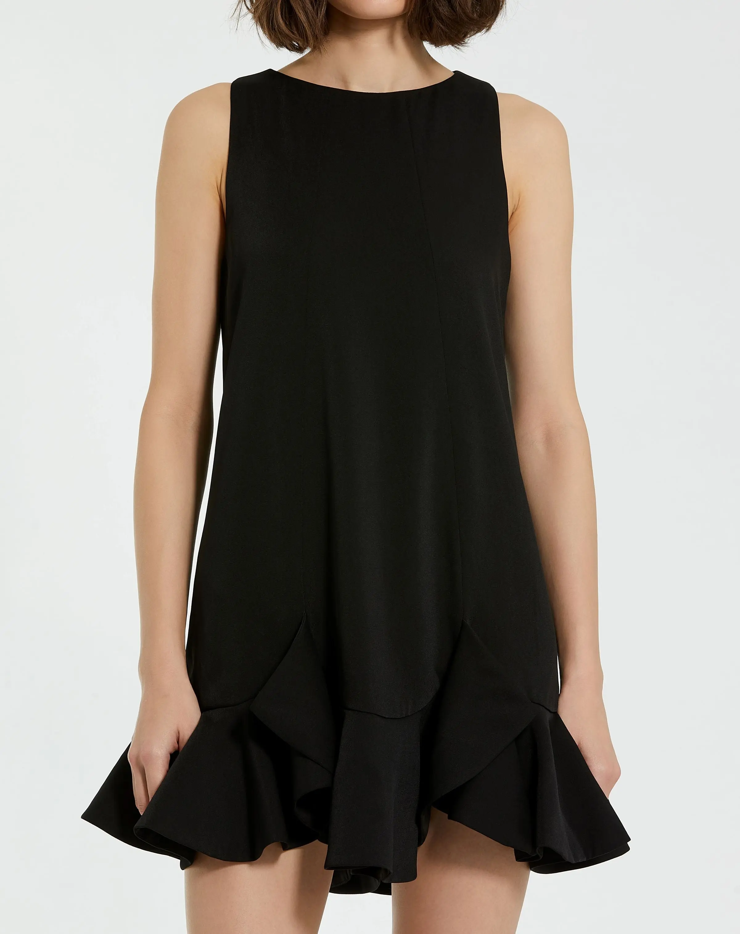 The Mia Black High Neck Sleeveless Crepe Mini Dress With Ruffle Hem - Image 3