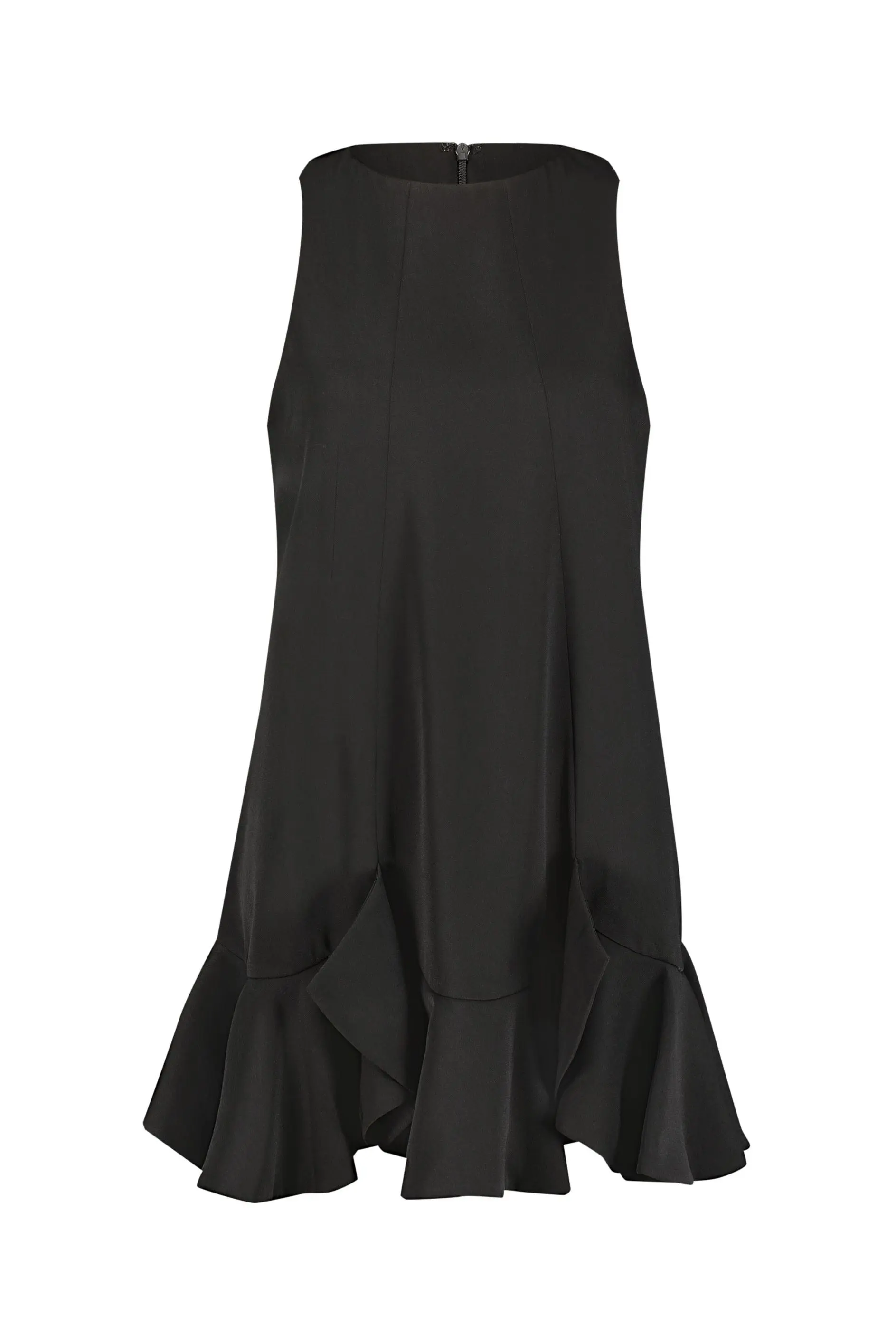 The Mia Black High Neck Sleeveless Crepe Mini Dress With Ruffle Hem - Image 6