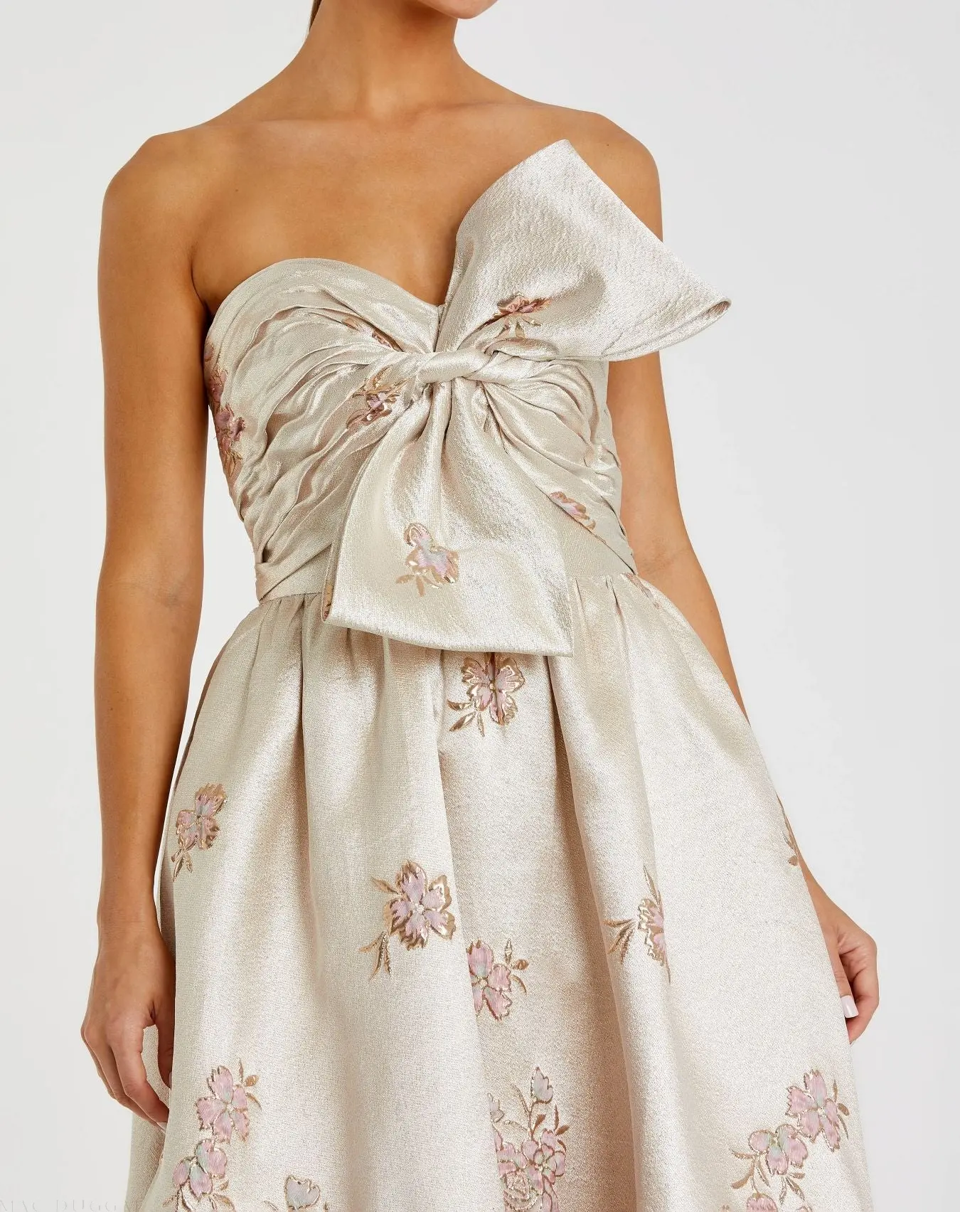 Ivory Strapless Brocade Floral Ball Gown With Bow Detail - Image 2
