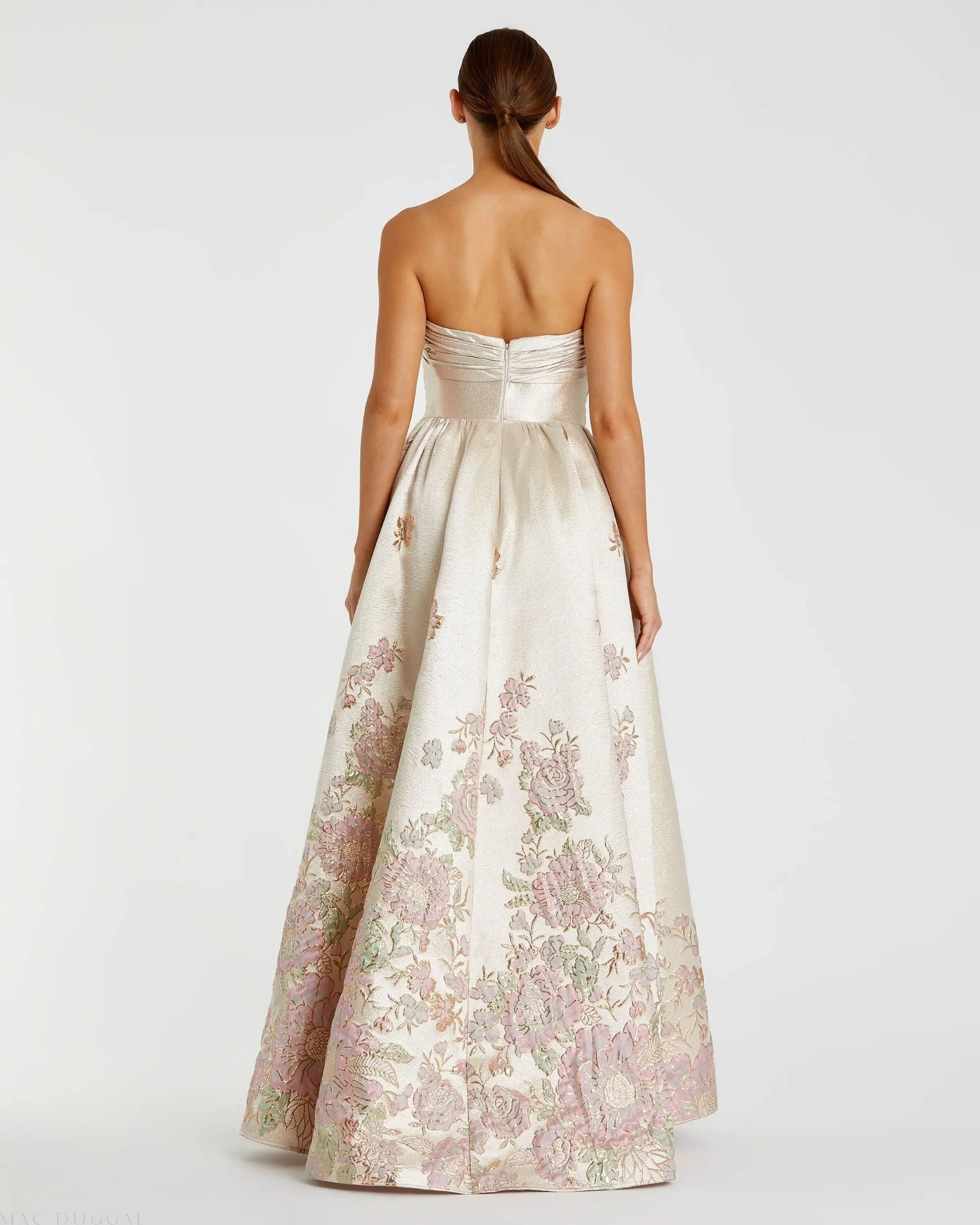 Ivory Strapless Brocade Floral Ball Gown With Bow Detail - Image 3