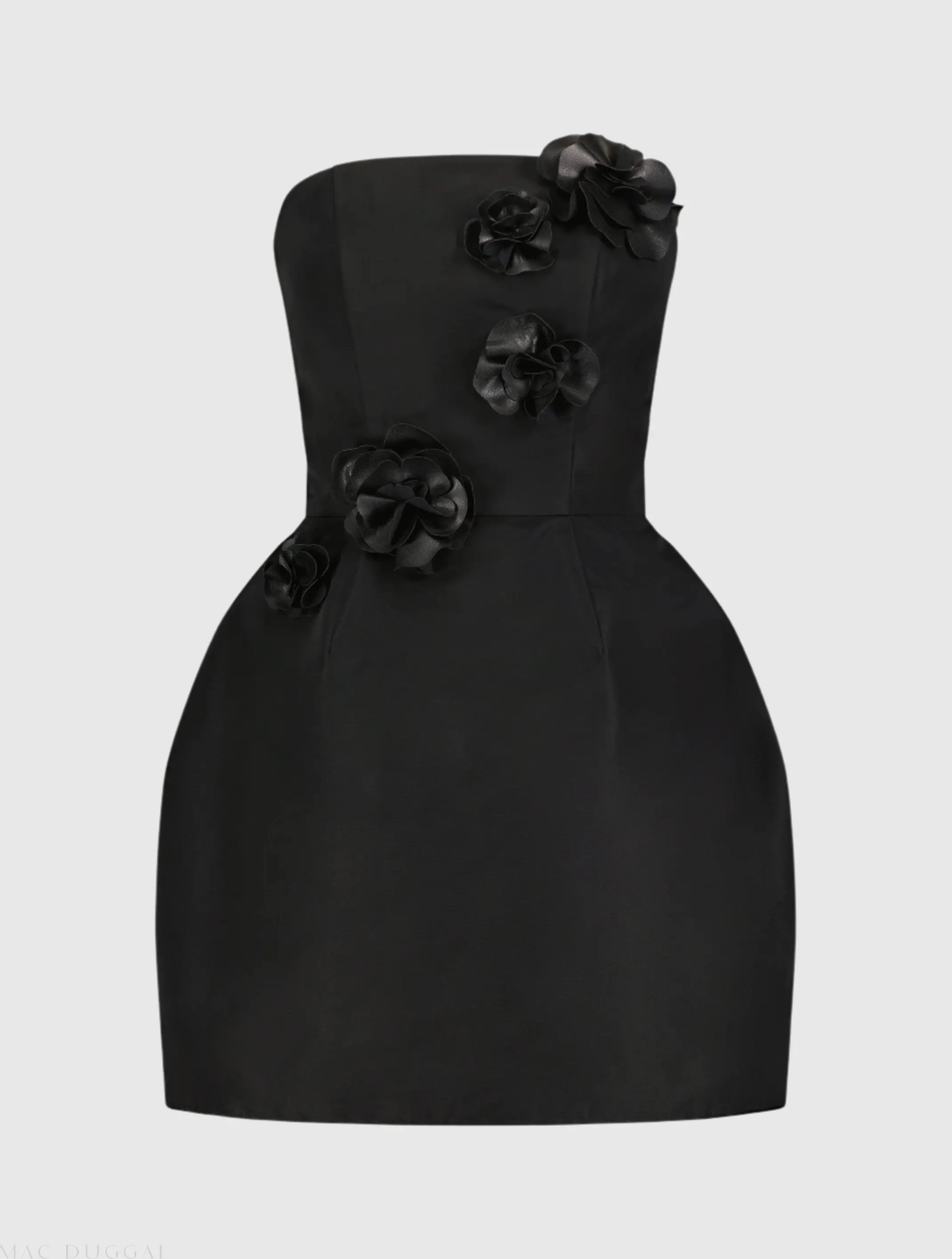 Black Strapless Faille Mini Dress With 3D Flower Detail - Image 2