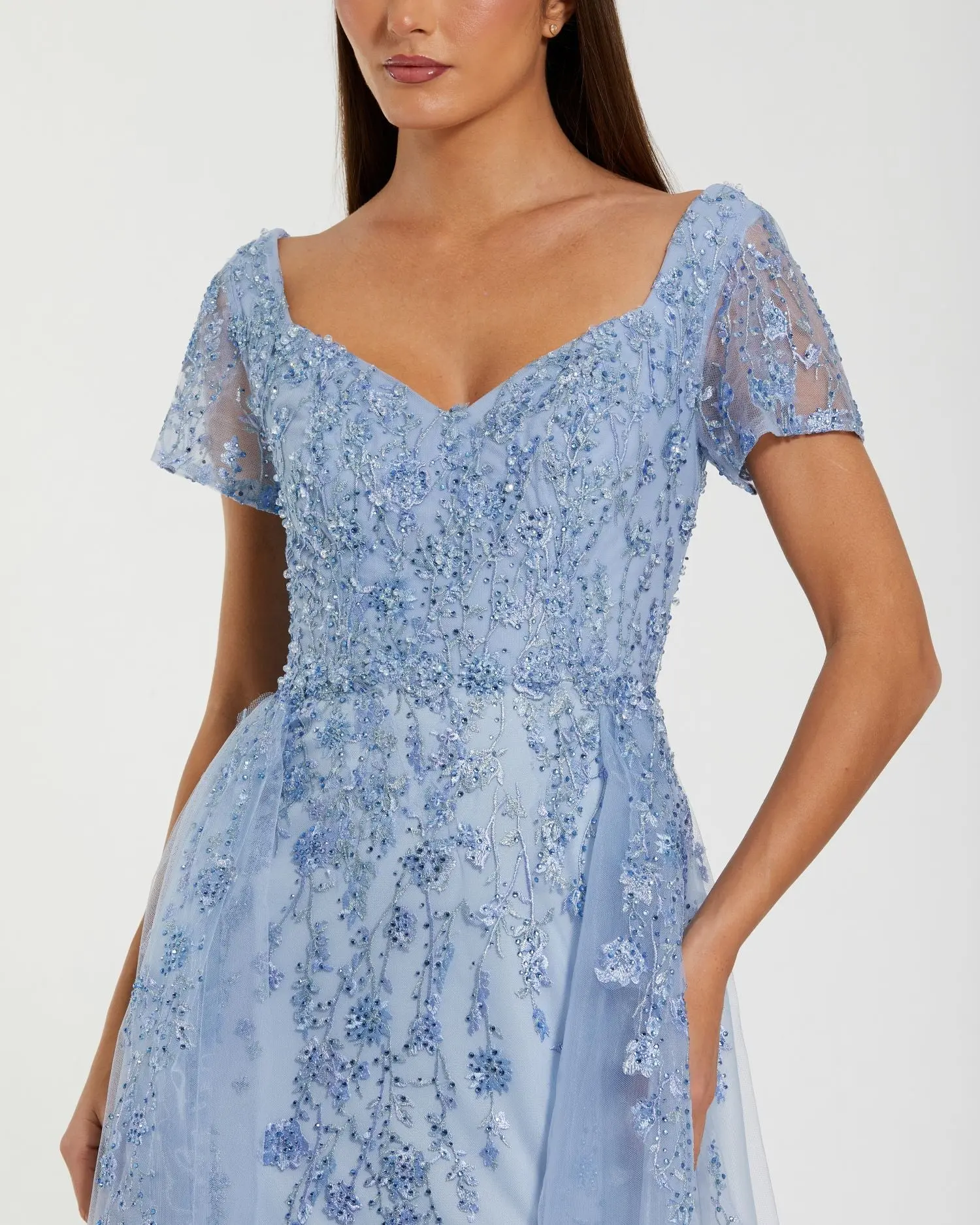 Blue Embroidered Beaded A-Line Gown with Overskirt - Image 2