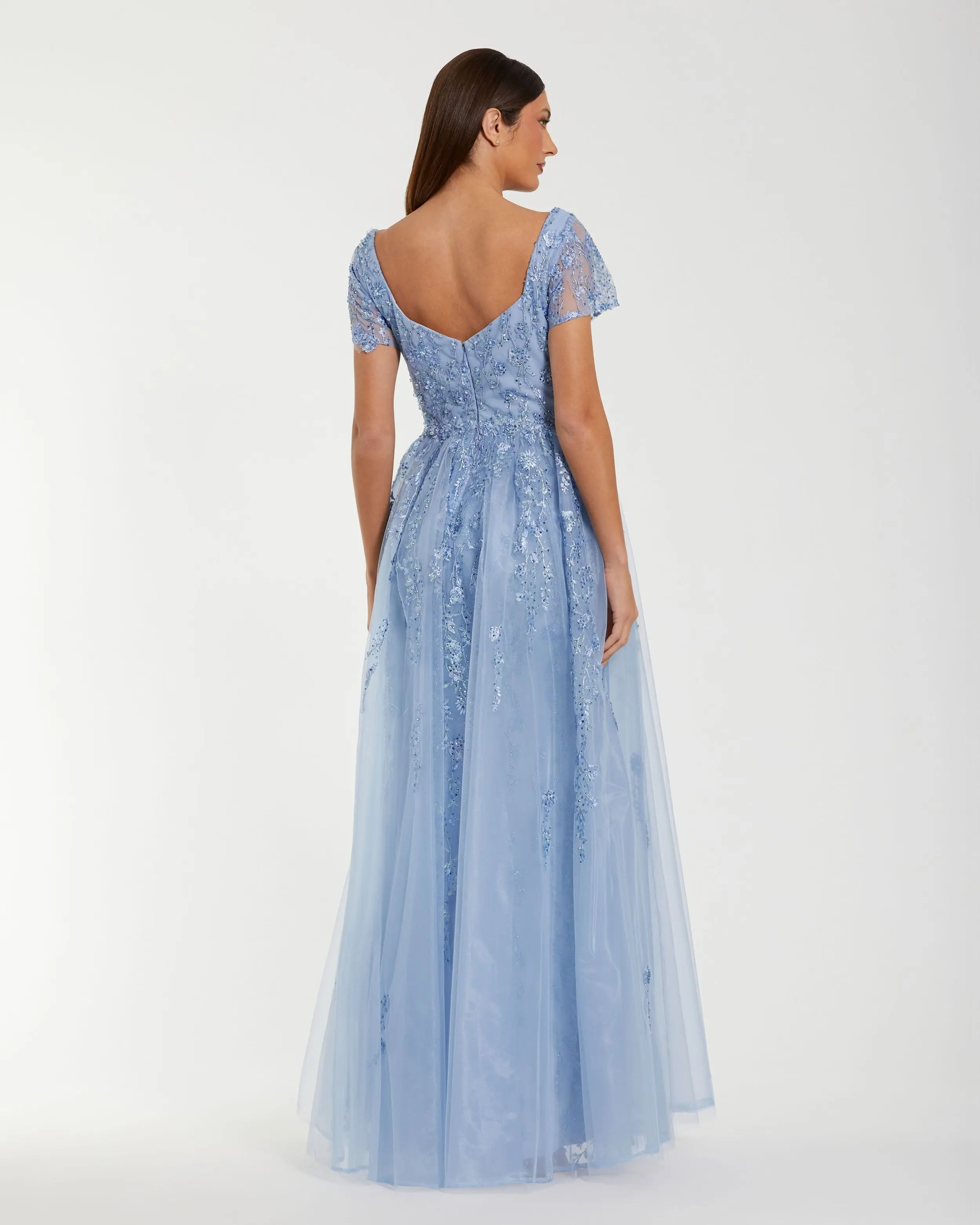 Blue Embroidered Beaded A-Line Gown with Overskirt - Image 3