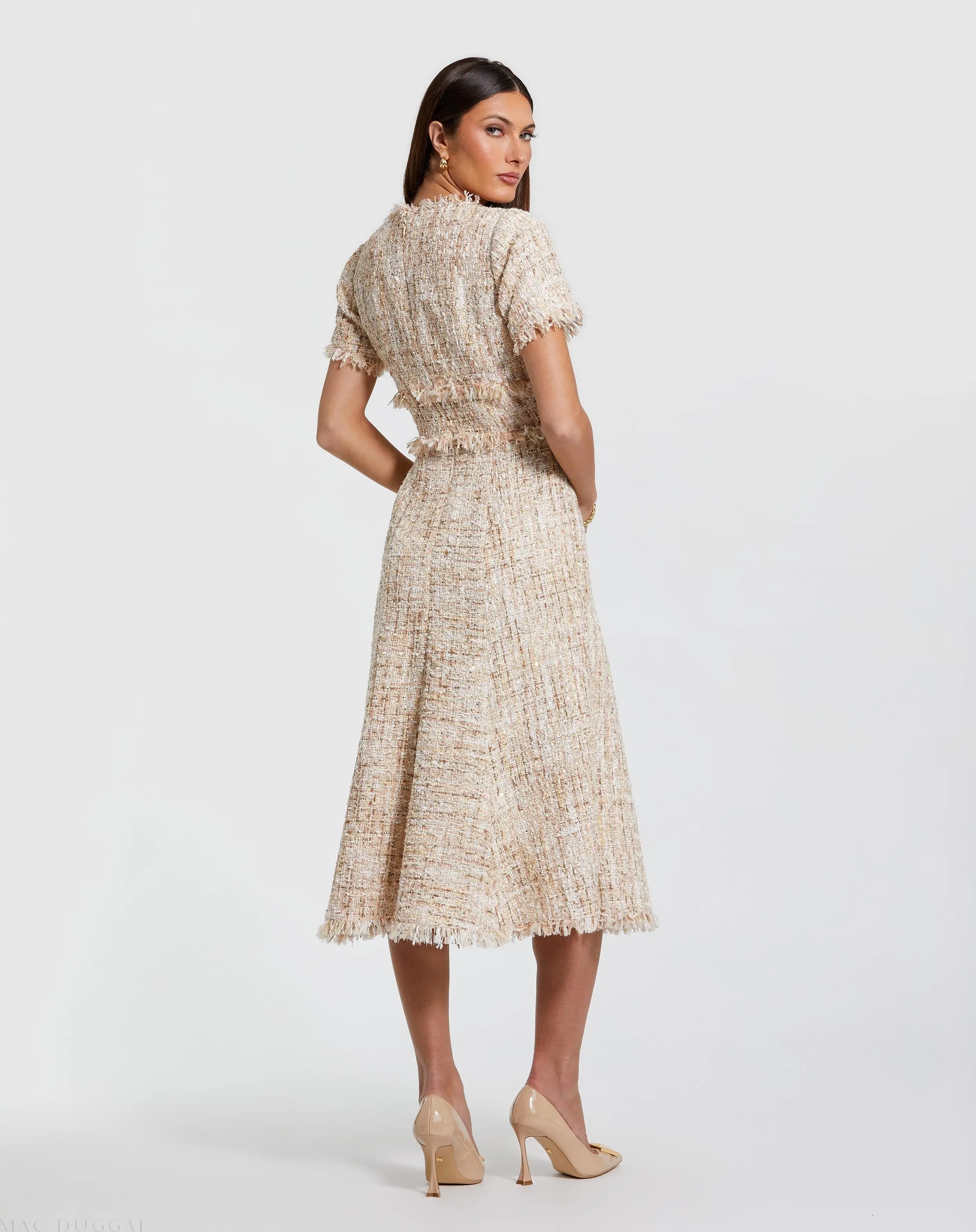 Beige Boucle Short Sleeve A Line Midi Dress - Image 4