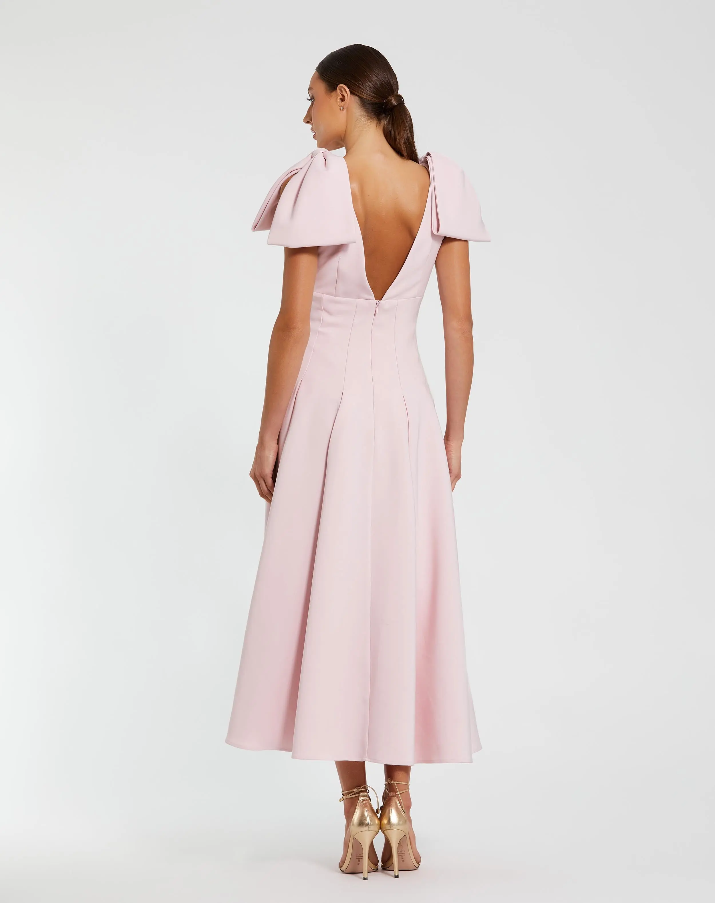 Pink Crepe A Line Midi Dress With Bow Straps - Image 3