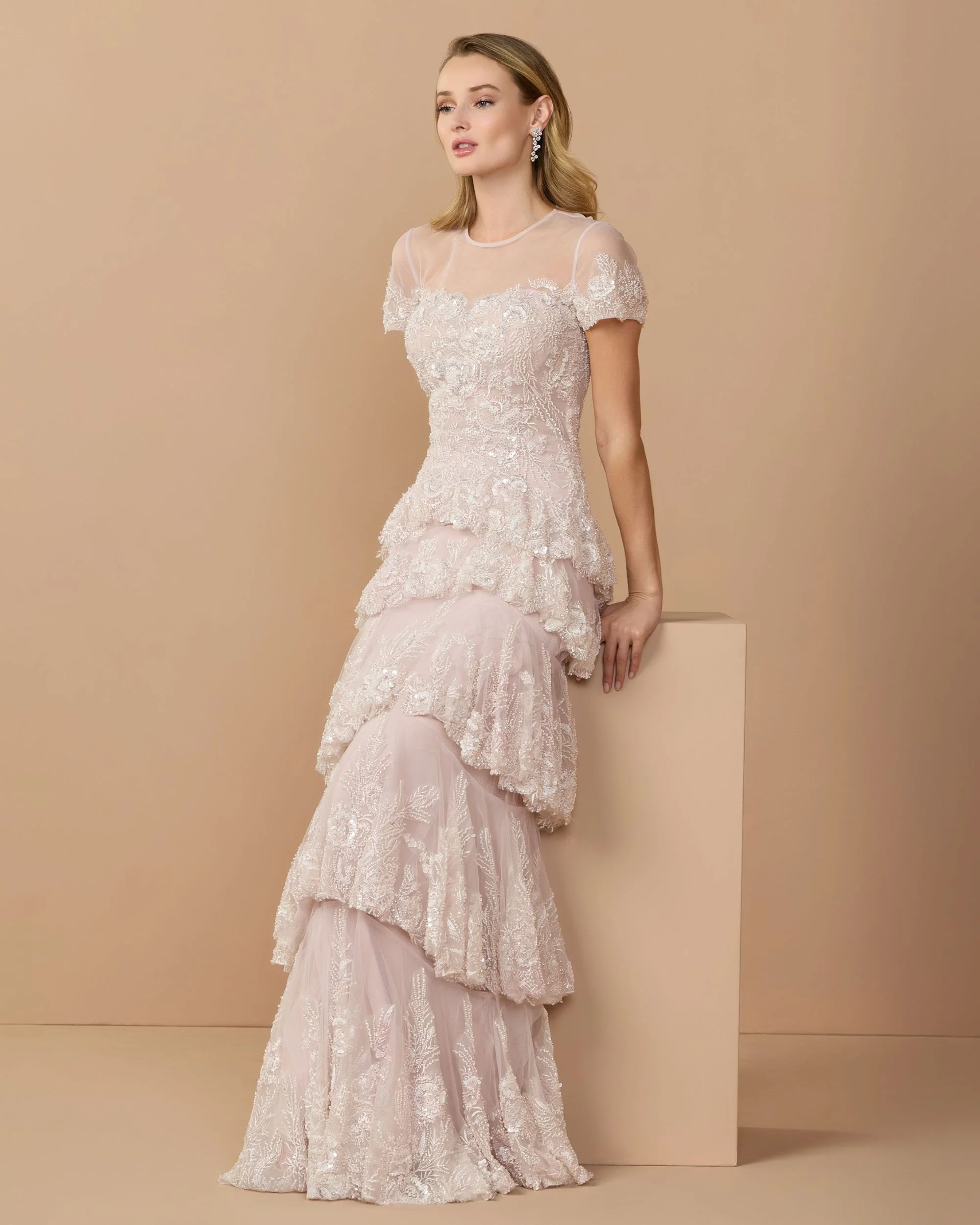 Light Pink Embellished High Neck Gown With Tiered Ruffle Skirt - Image 3