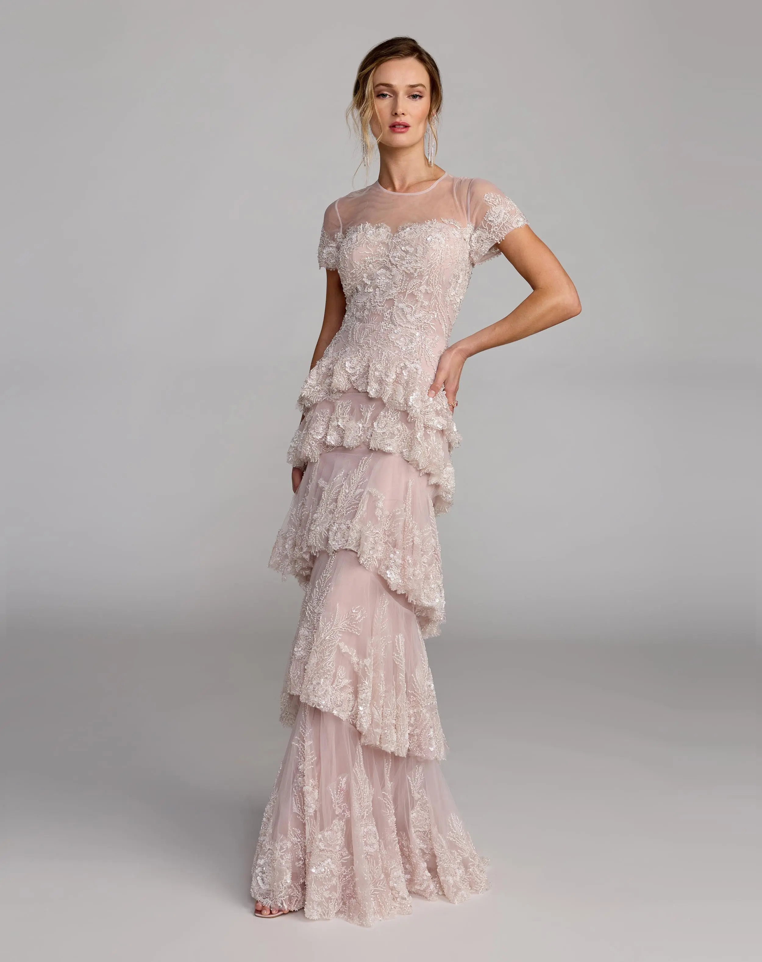 Light Pink Embellished High Neck Gown With Tiered Ruffle Skirt - Image 4