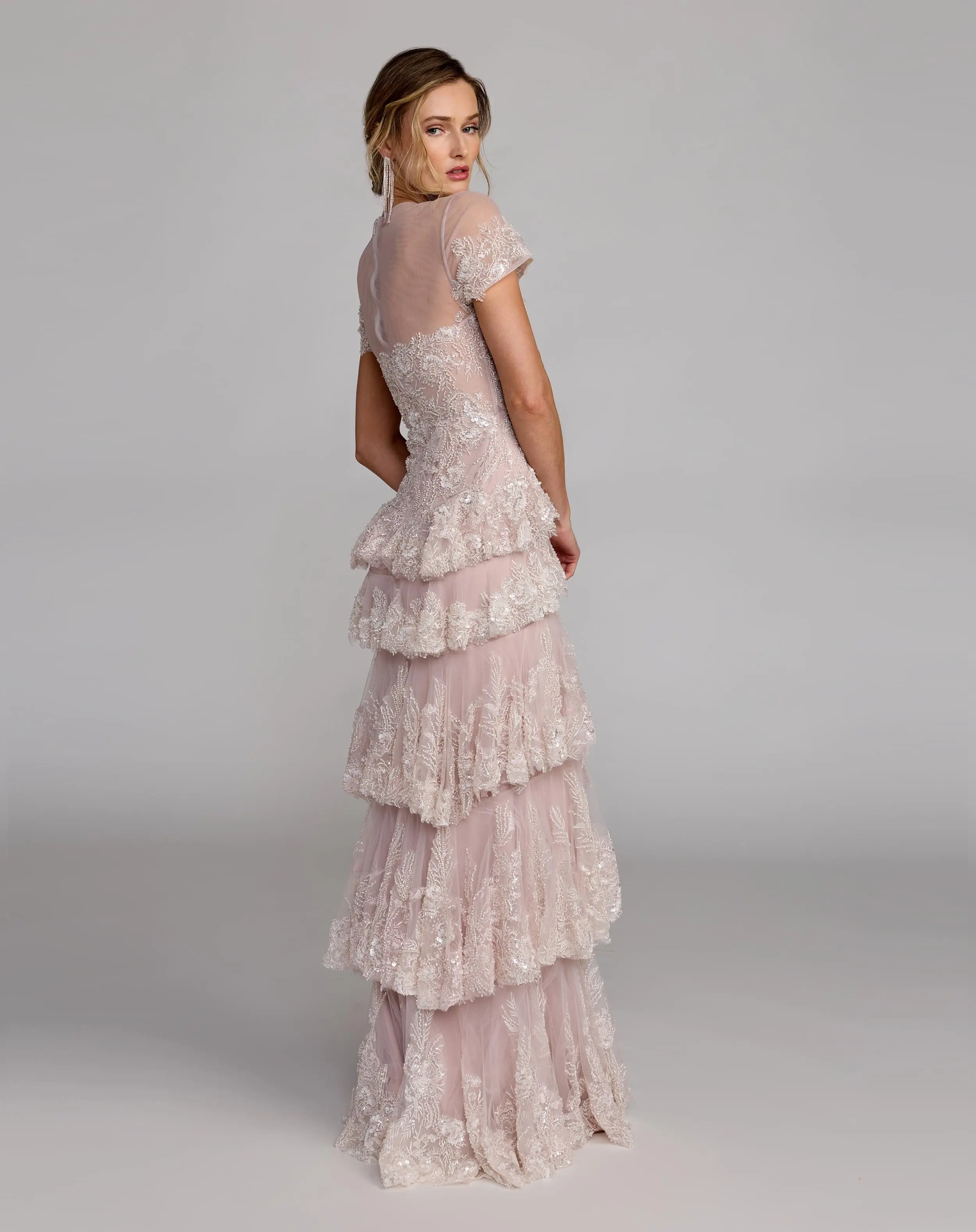 Light Pink Embellished High Neck Gown With Tiered Ruffle Skirt - Image 6