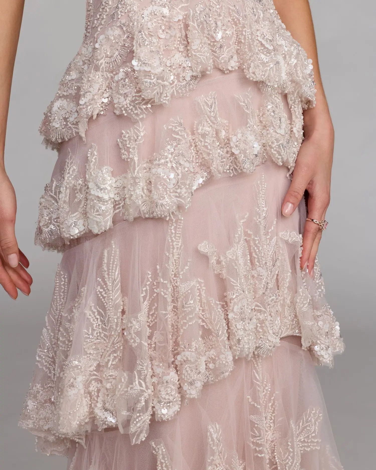 Light Pink Embellished High Neck Gown With Tiered Ruffle Skirt - Image 7
