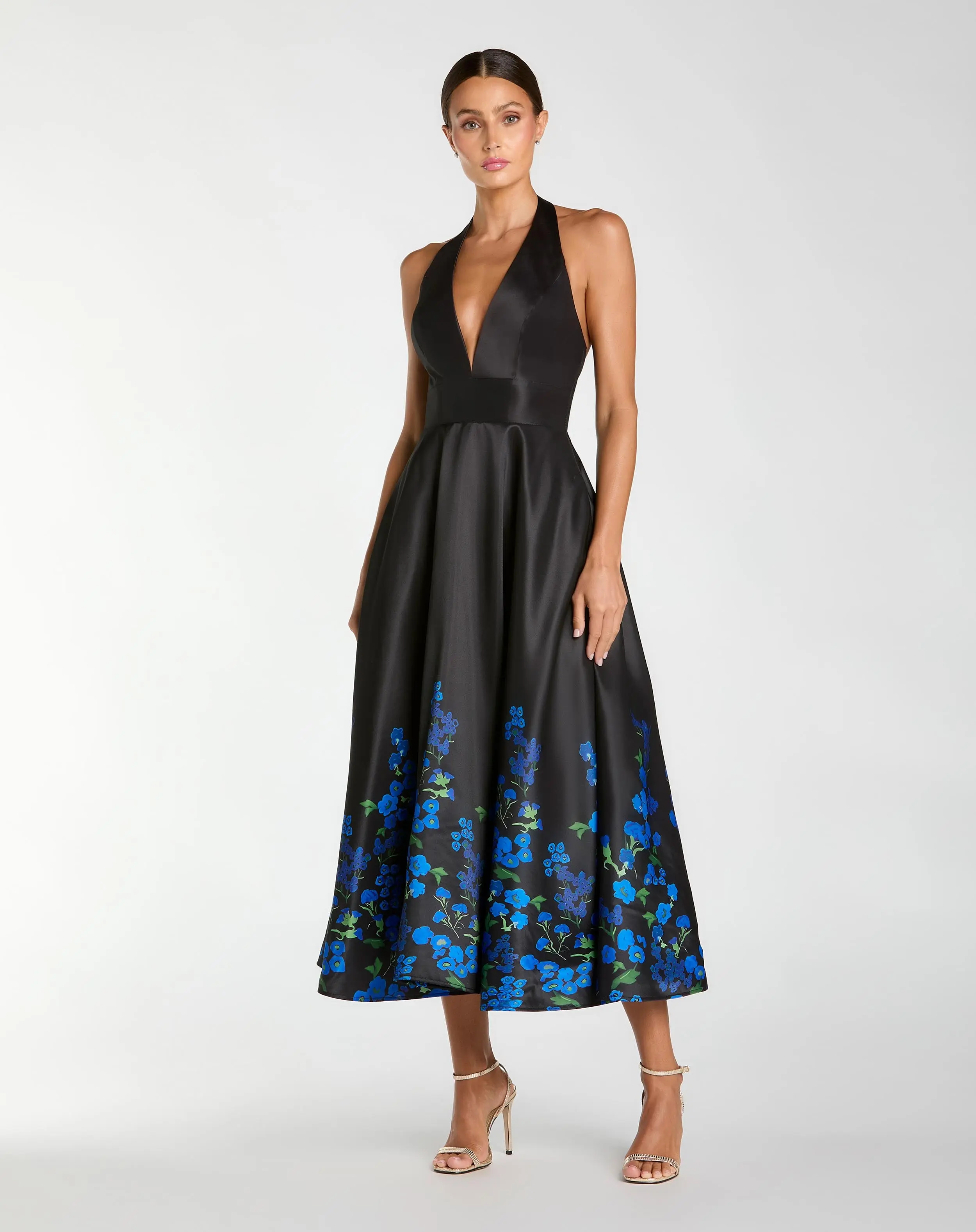Black Halter Neck Floral Printed Satin Midi Dress