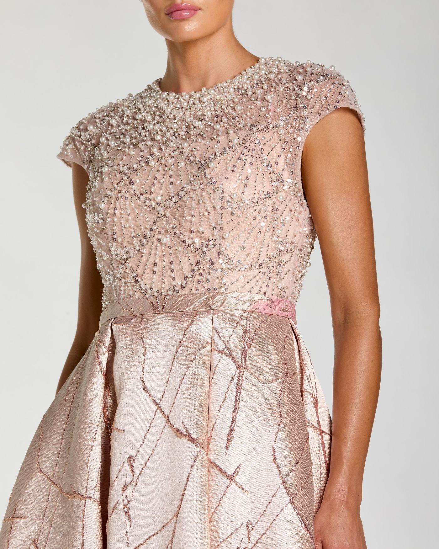 Pink Cap Sleeve Embellished Floral Brocade Ball Gown - Image 2