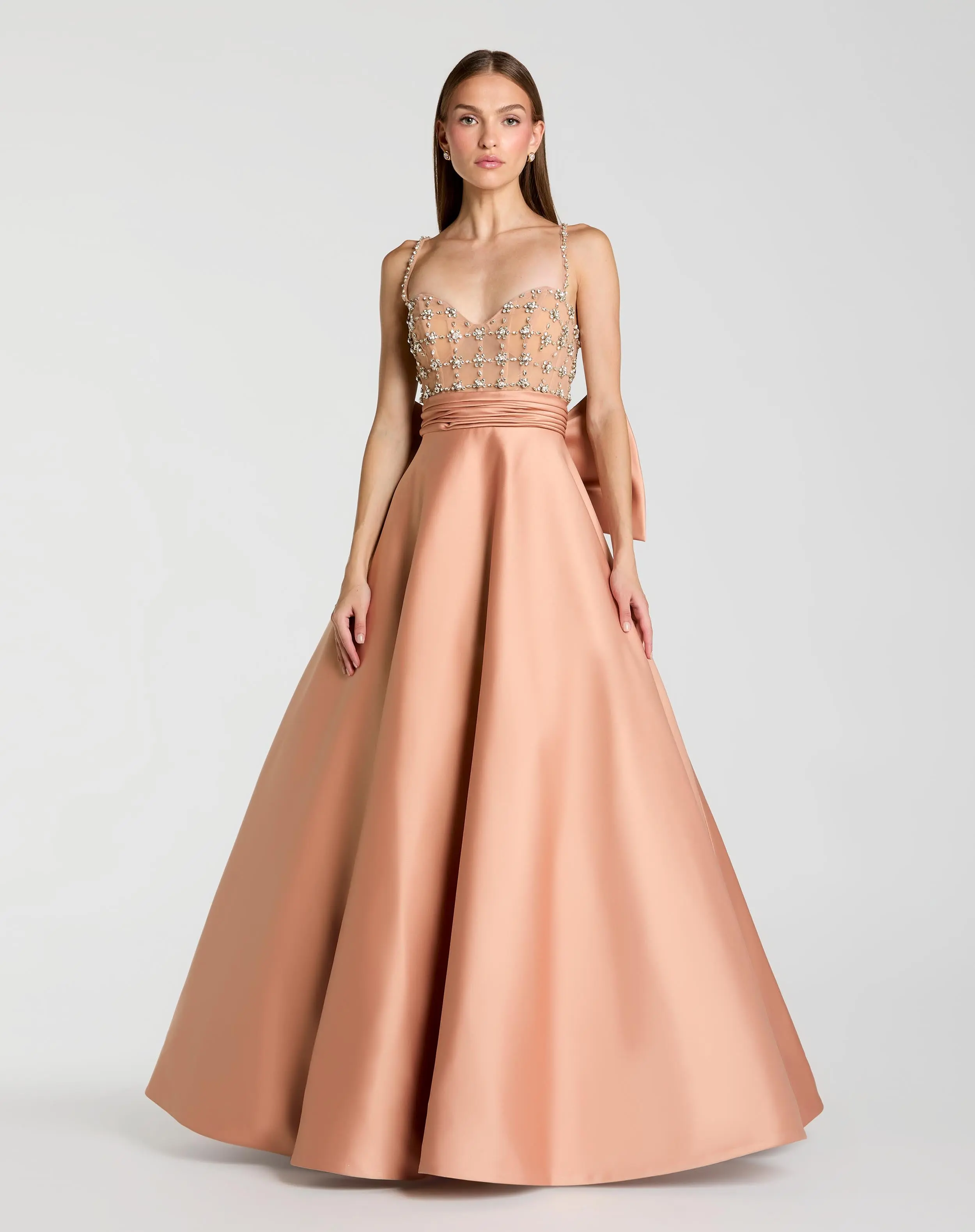 Peach Embellished Bodice Sweetheart Neck Satin Ball Gown
