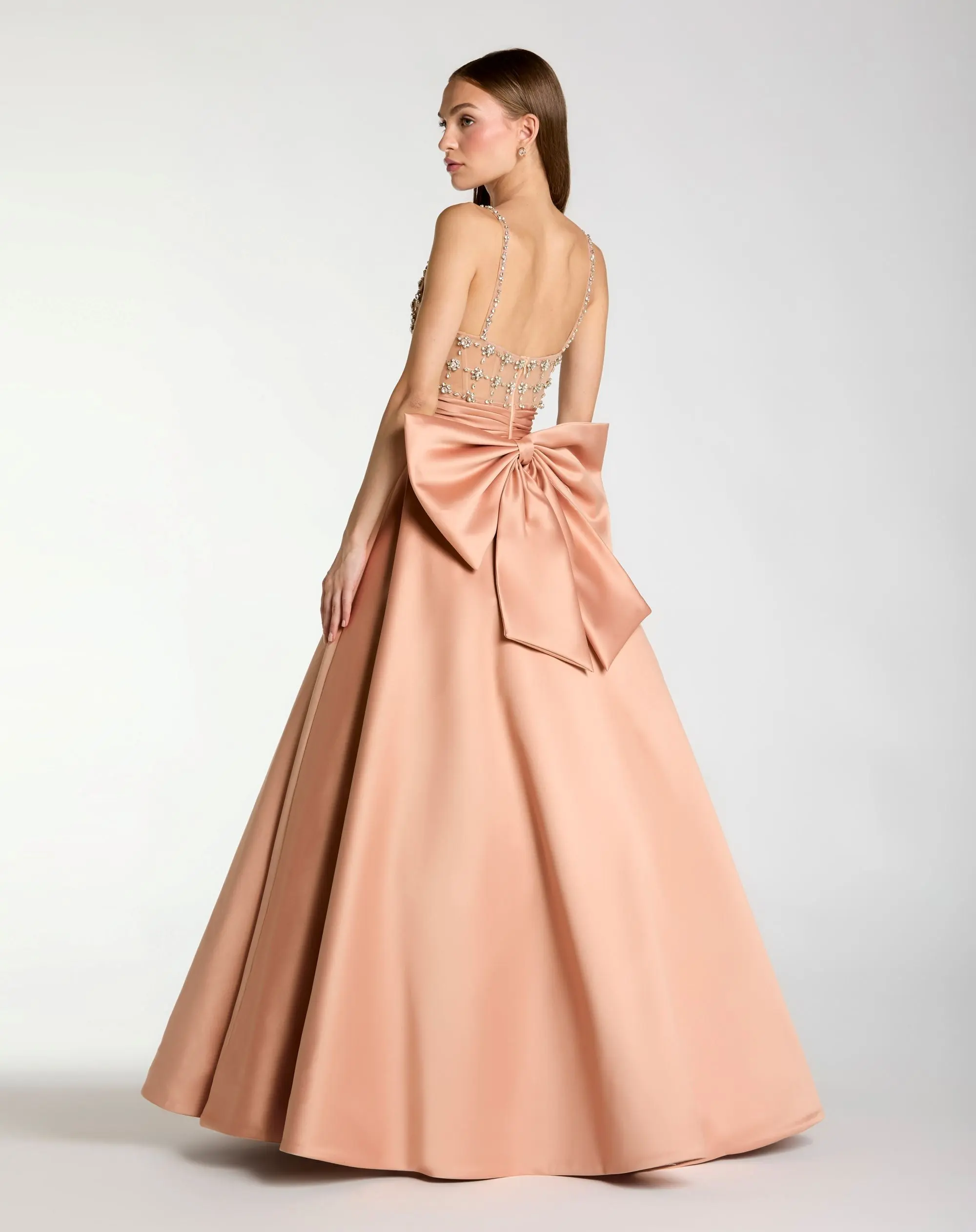 Peach Embellished Bodice Sweetheart Neck Satin Ball Gown - Image 3