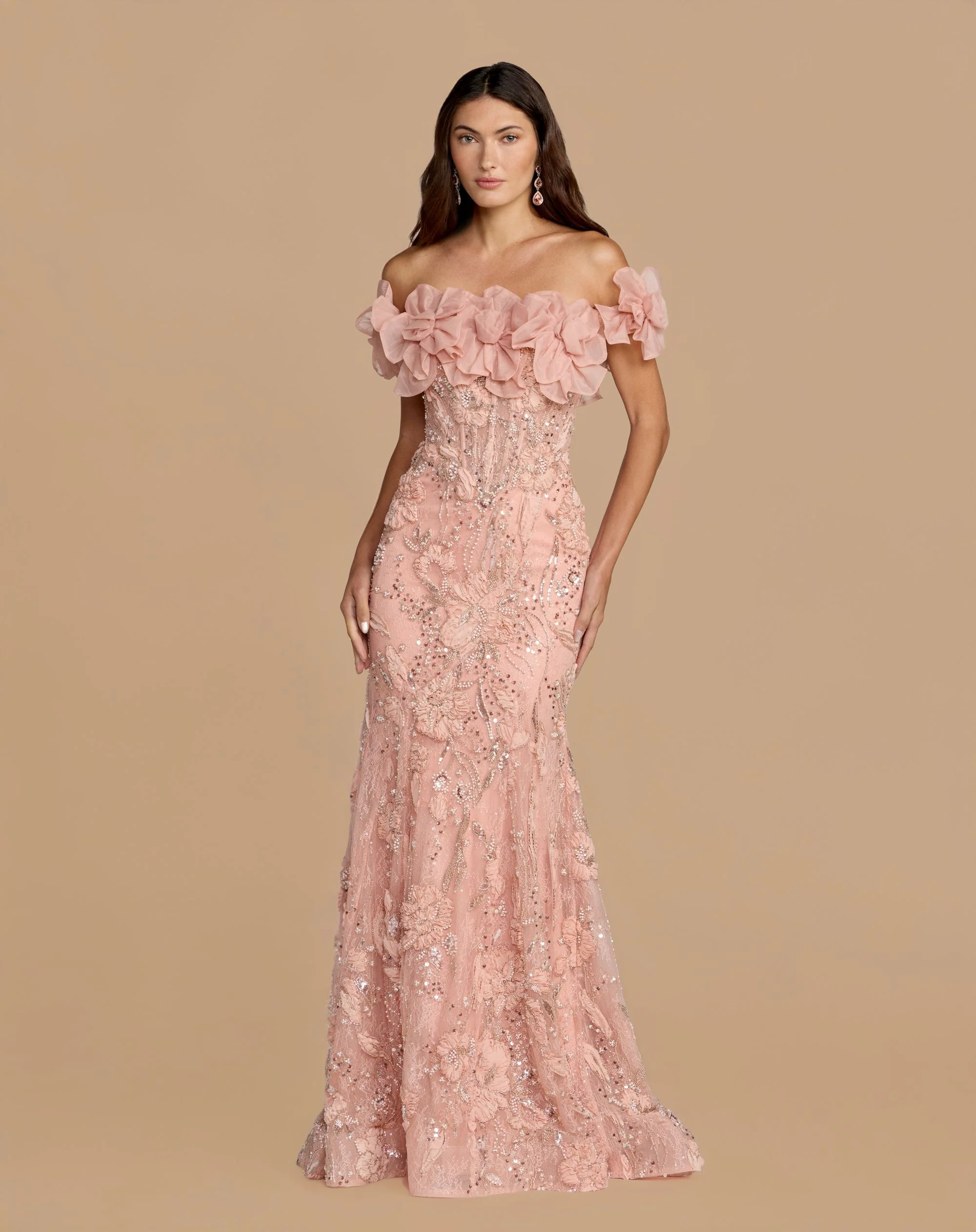 Pink Off The Shoulder Embellished Mermaid Gown