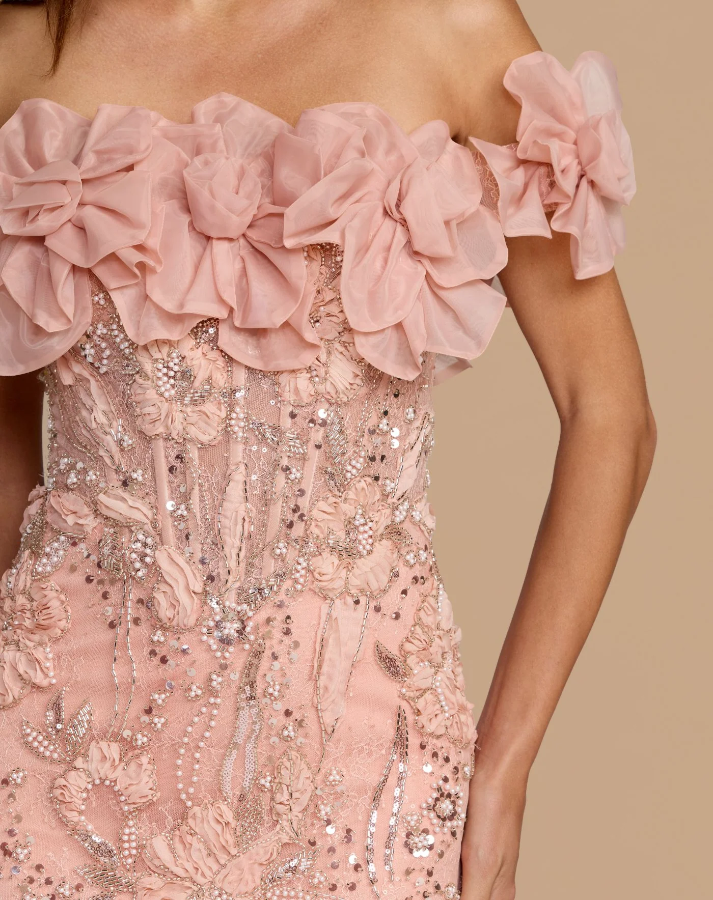 Pink Off The Shoulder Embellished Mermaid Gown - Image 3