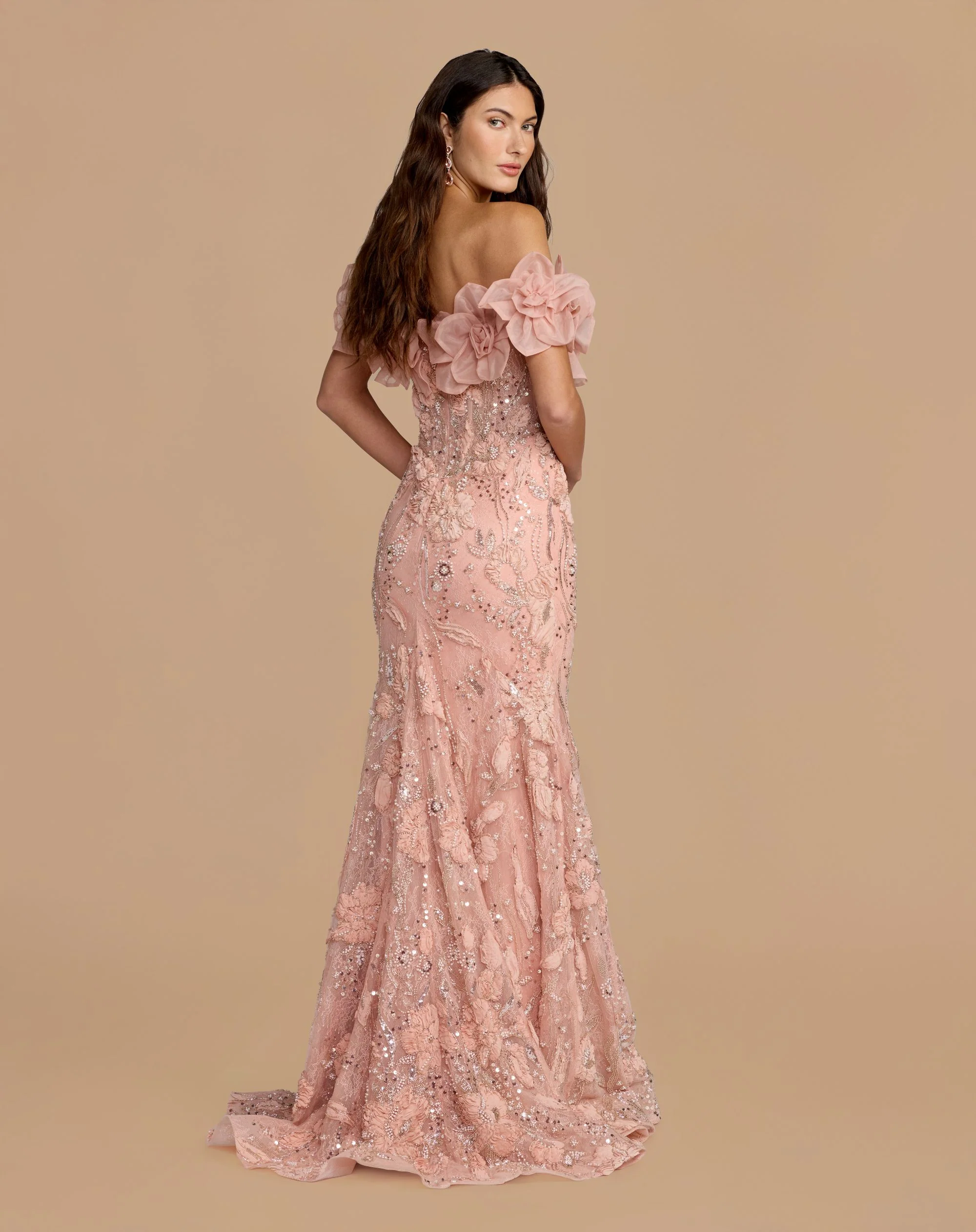 Pink Off The Shoulder Embellished Mermaid Gown - Image 4