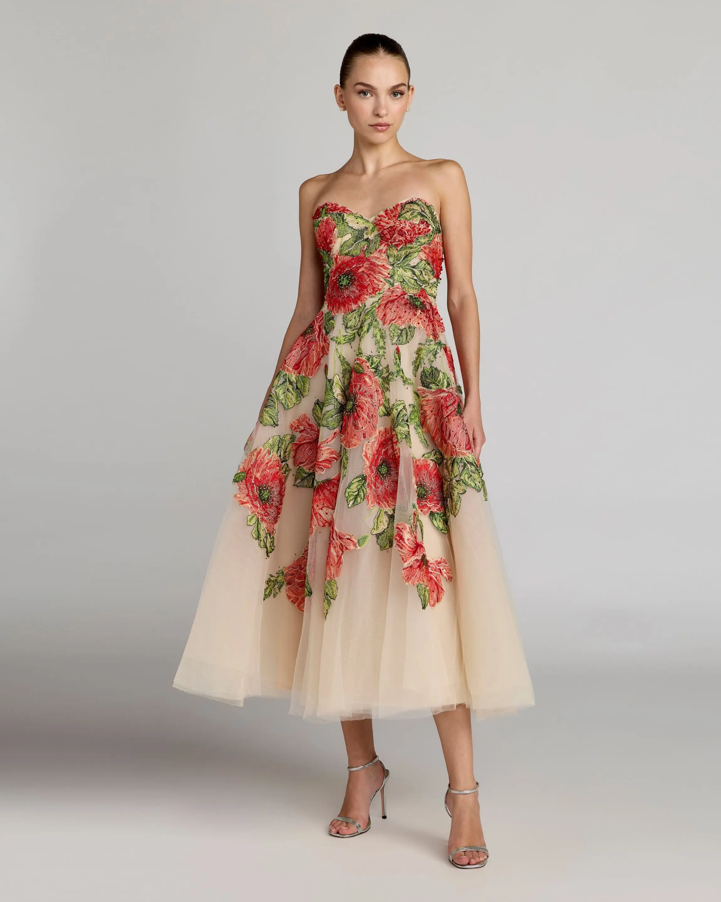 Beige Strapless Floral Embroidered Midi Dress