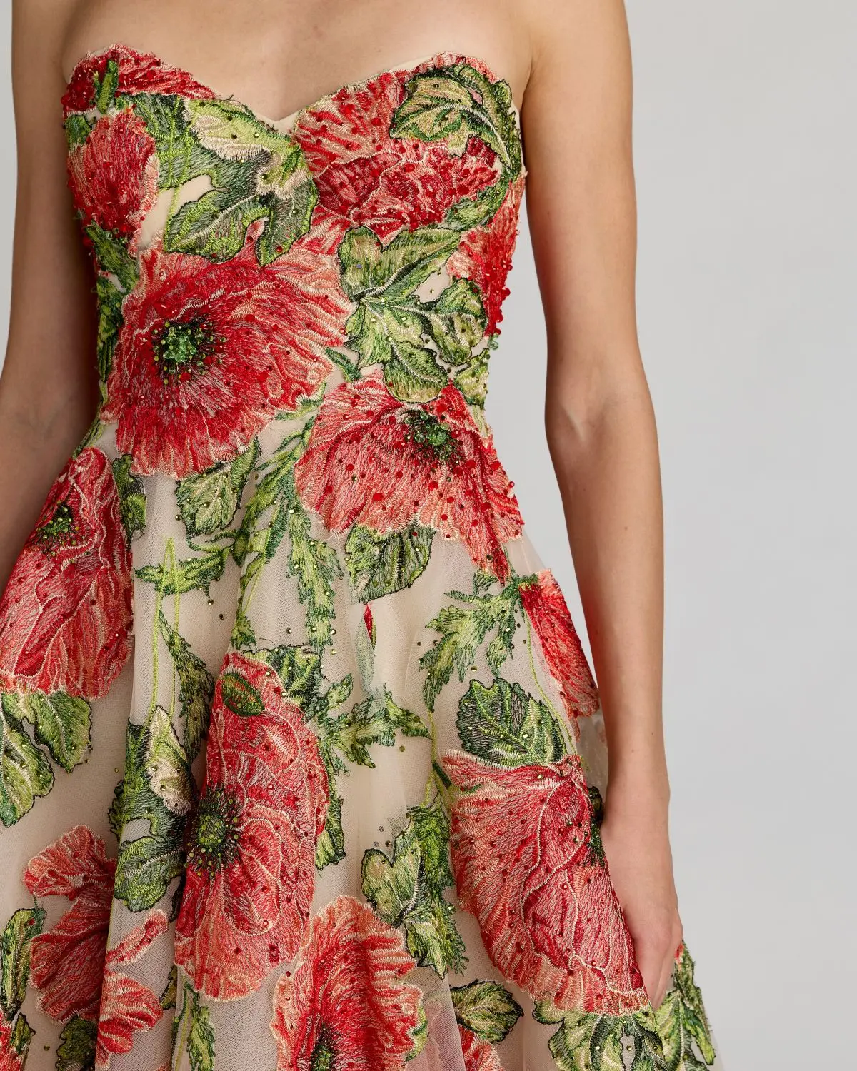 Beige Strapless Floral Embroidered Midi Dress - Image 2