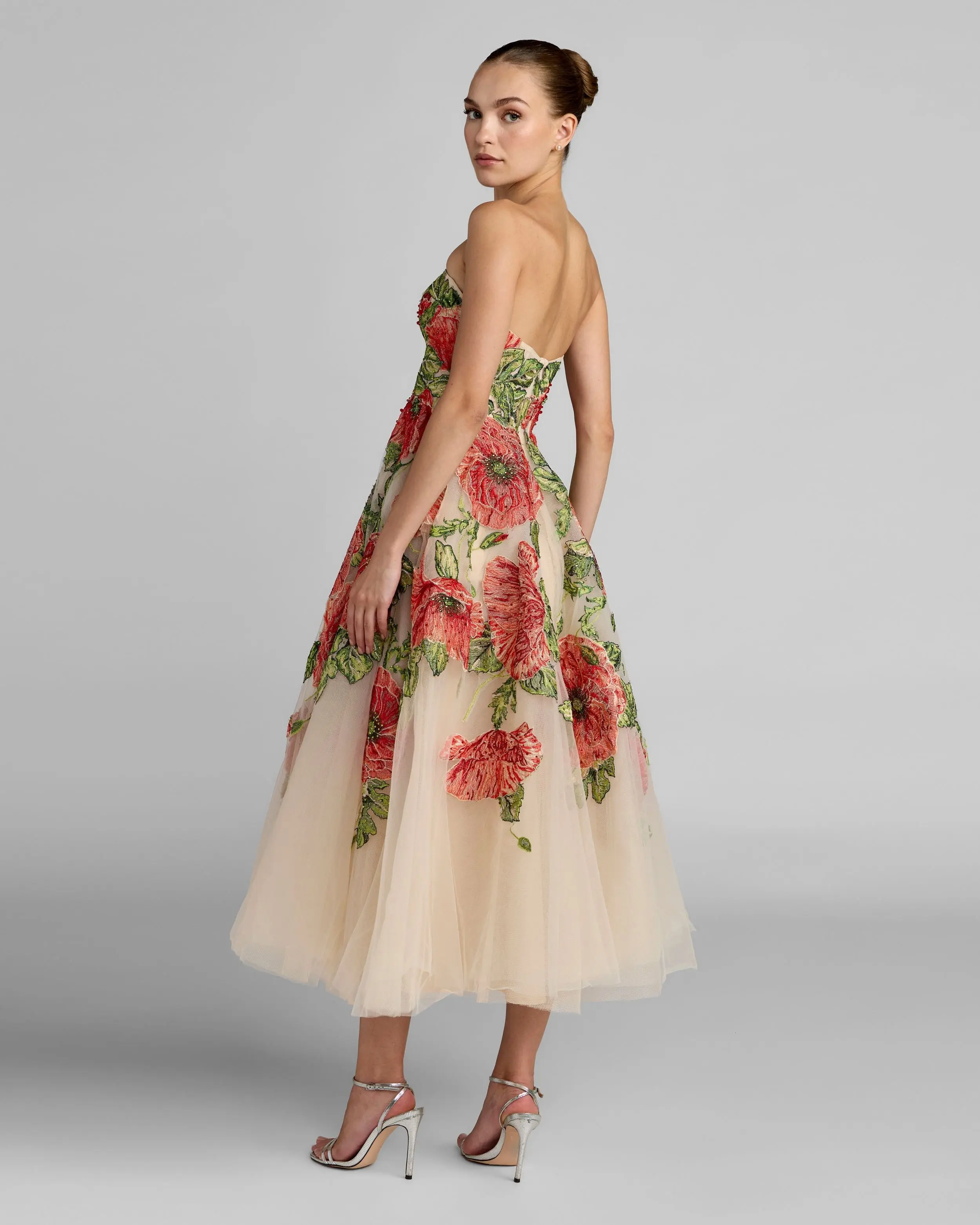 Beige Strapless Floral Embroidered Midi Dress - Image 3