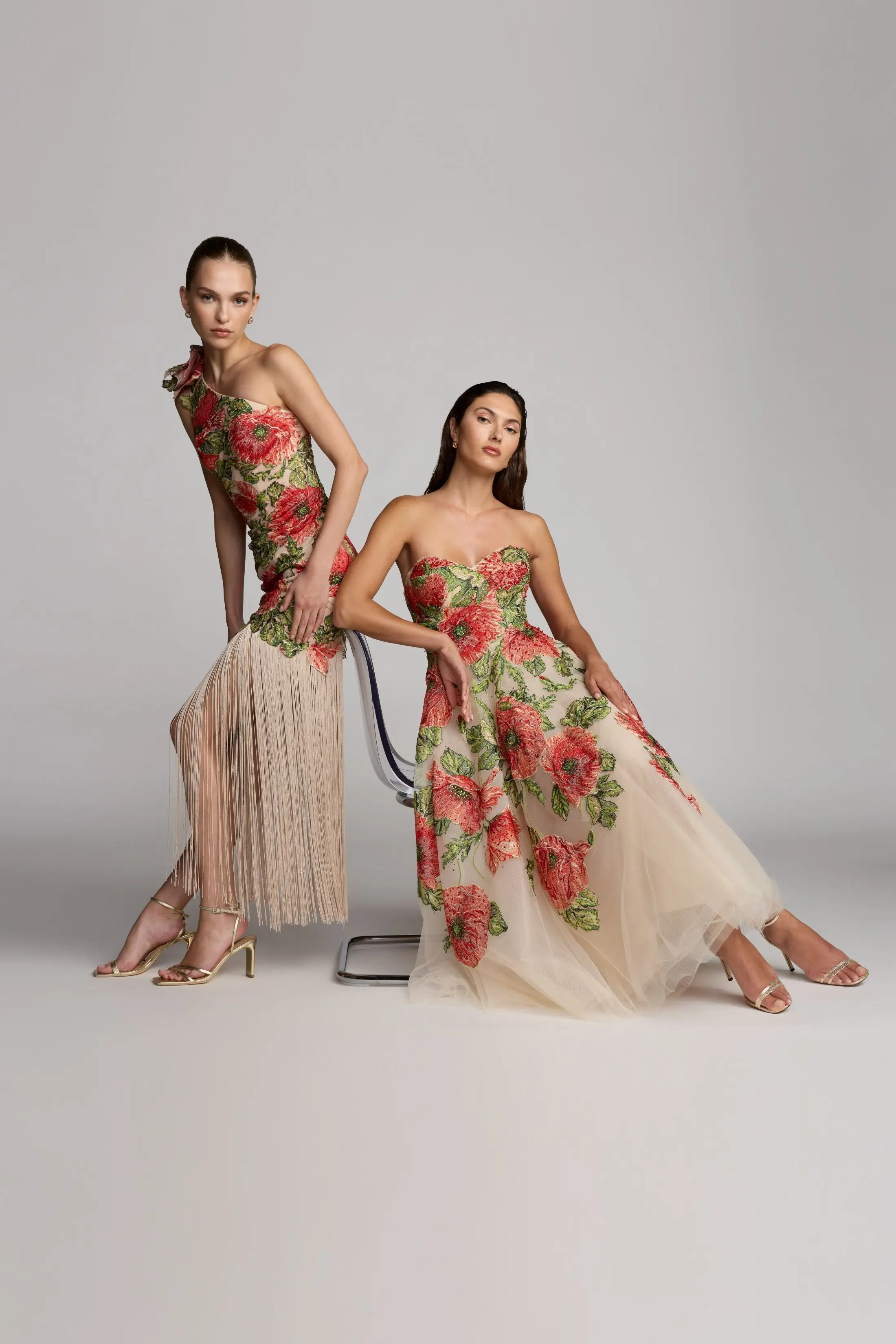 Beige Strapless Floral Embroidered Midi Dress - Image 4