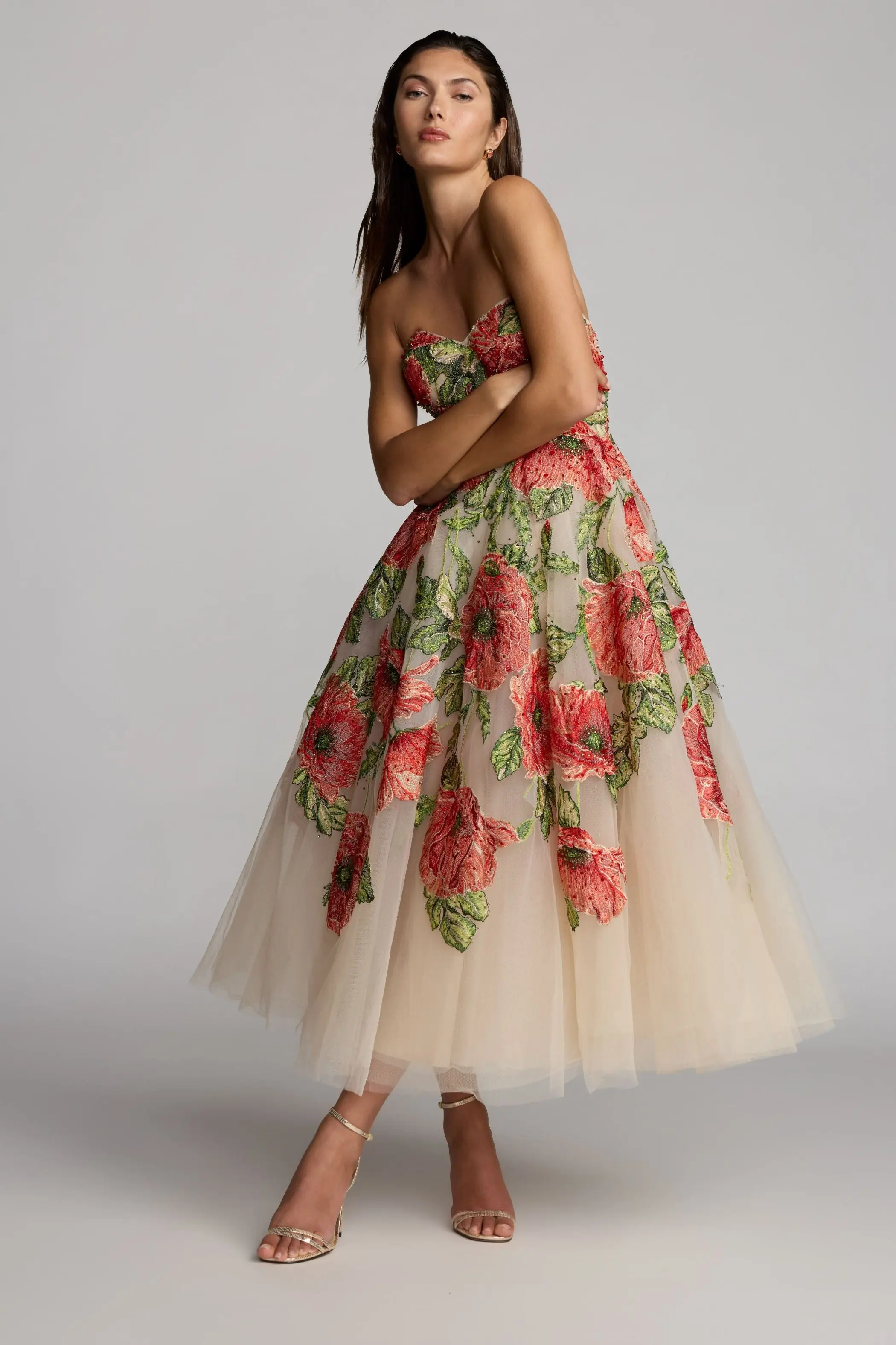 Beige Strapless Floral Embroidered Midi Dress - Image 6