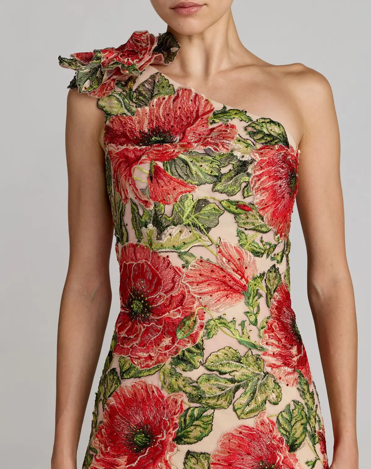 Beige Embroidered One Shoulder Dress With Fringe Hem - Image 2