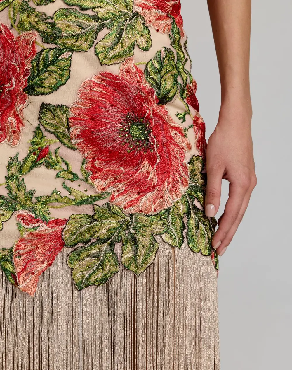 Beige Embroidered One Shoulder Dress With Fringe Hem - Image 3