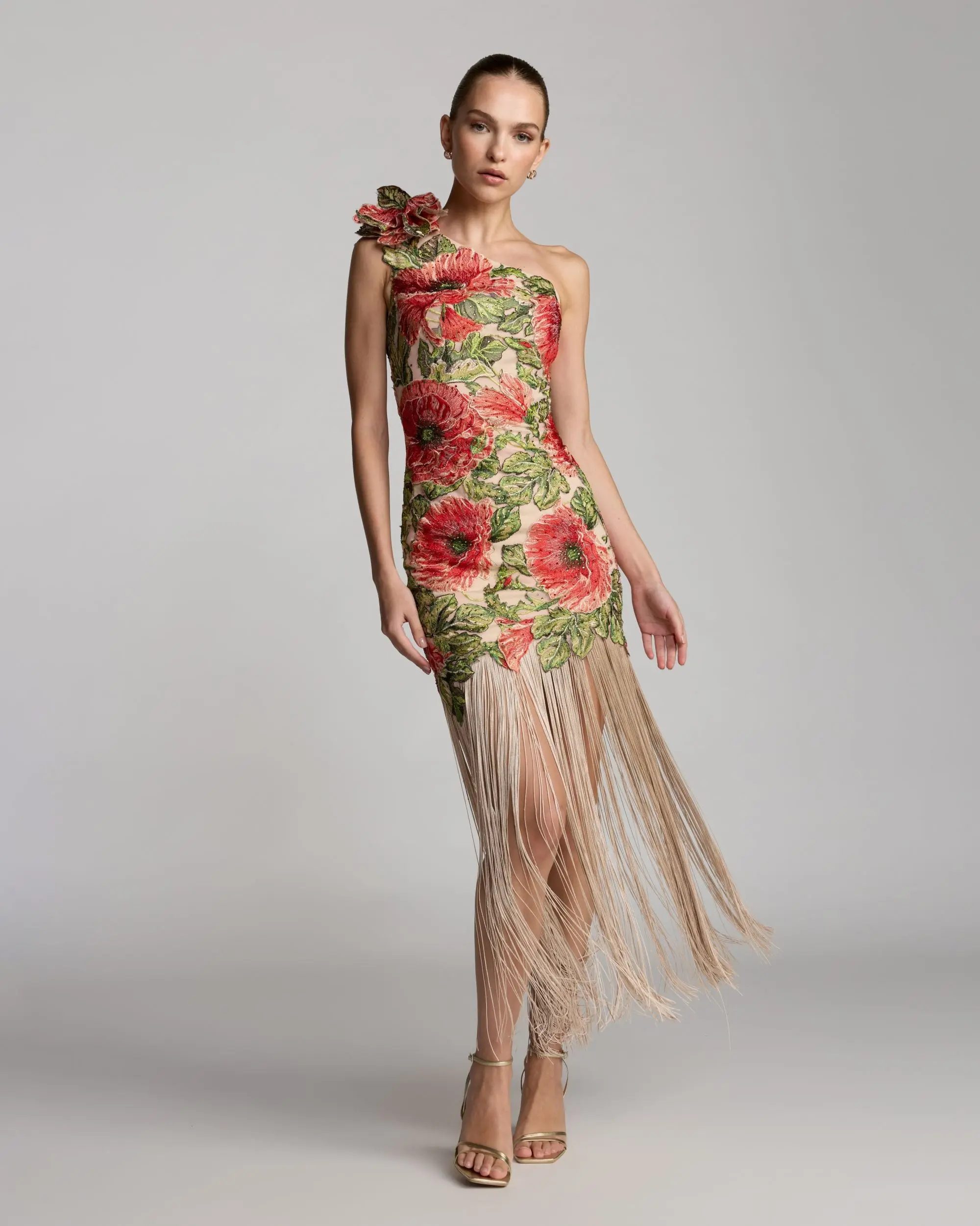 Beige Embroidered One Shoulder Dress With Fringe Hem - Image 5