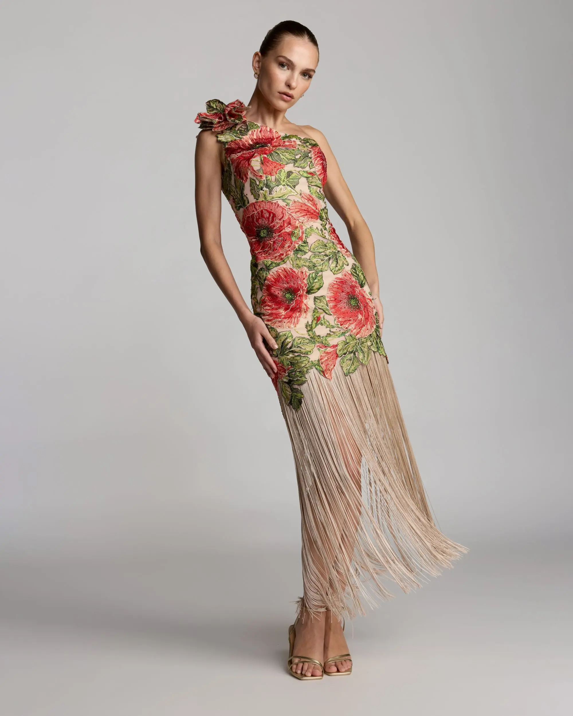 Beige Embroidered One Shoulder Dress With Fringe Hem - Image 6