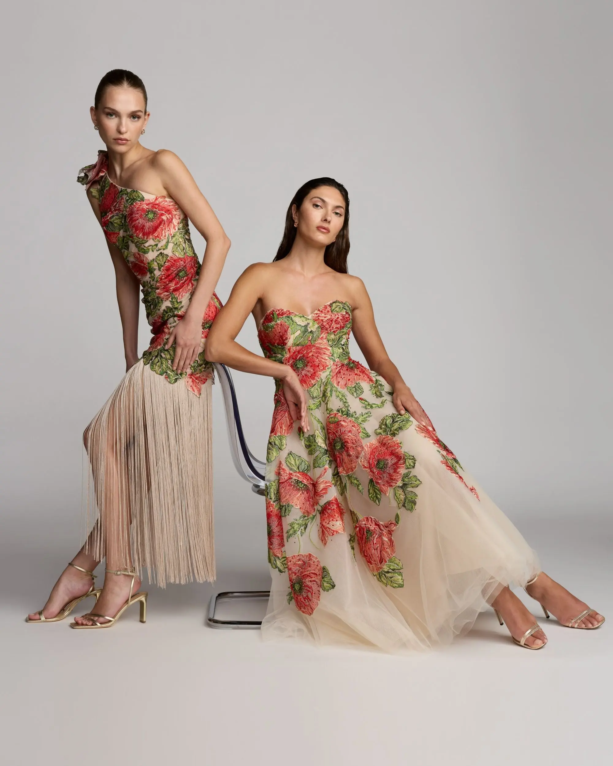 Beige Embroidered One Shoulder Dress With Fringe Hem - Image 7