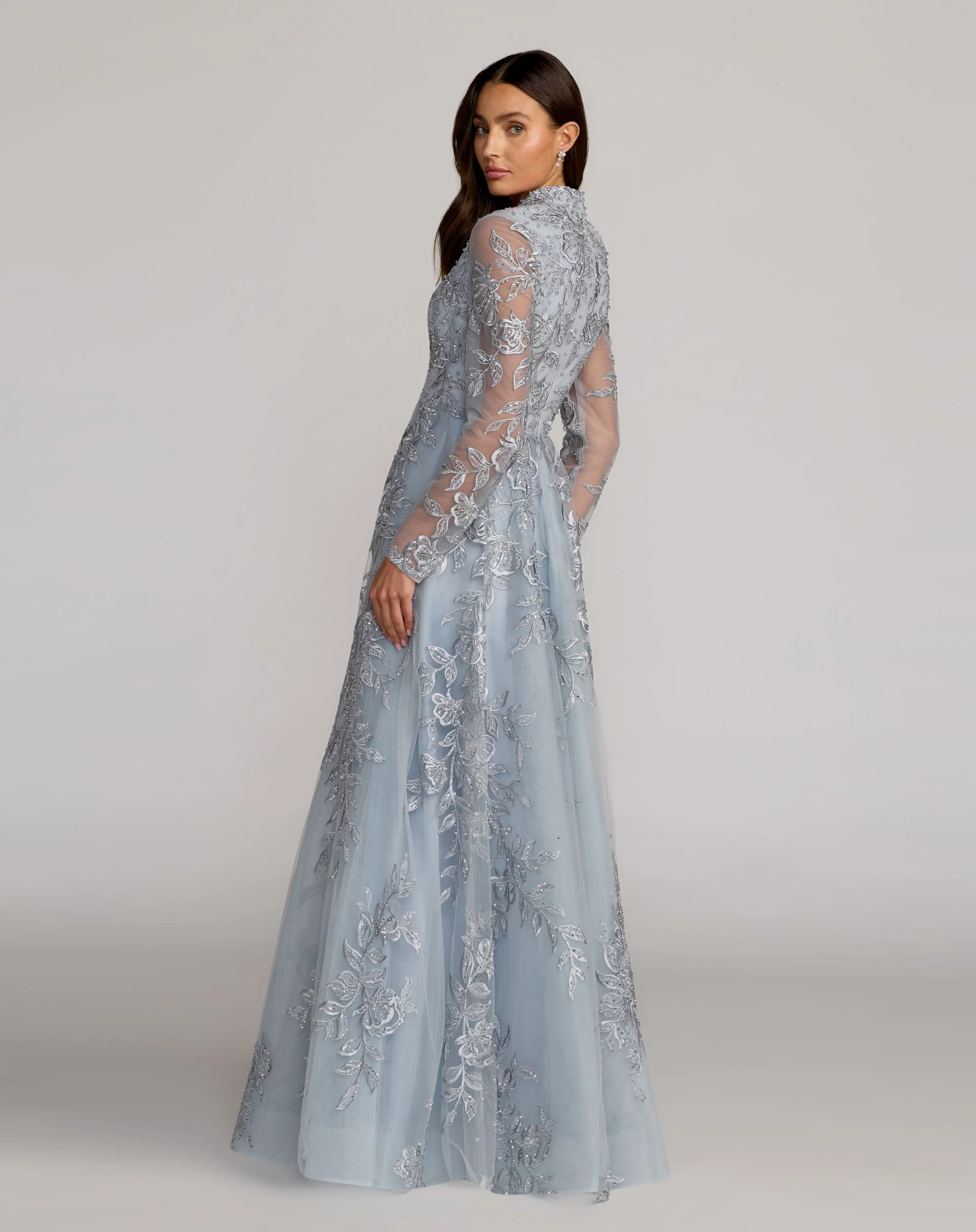 Blue Embroidered V-Neck Long Sleeve Gown - Image 4