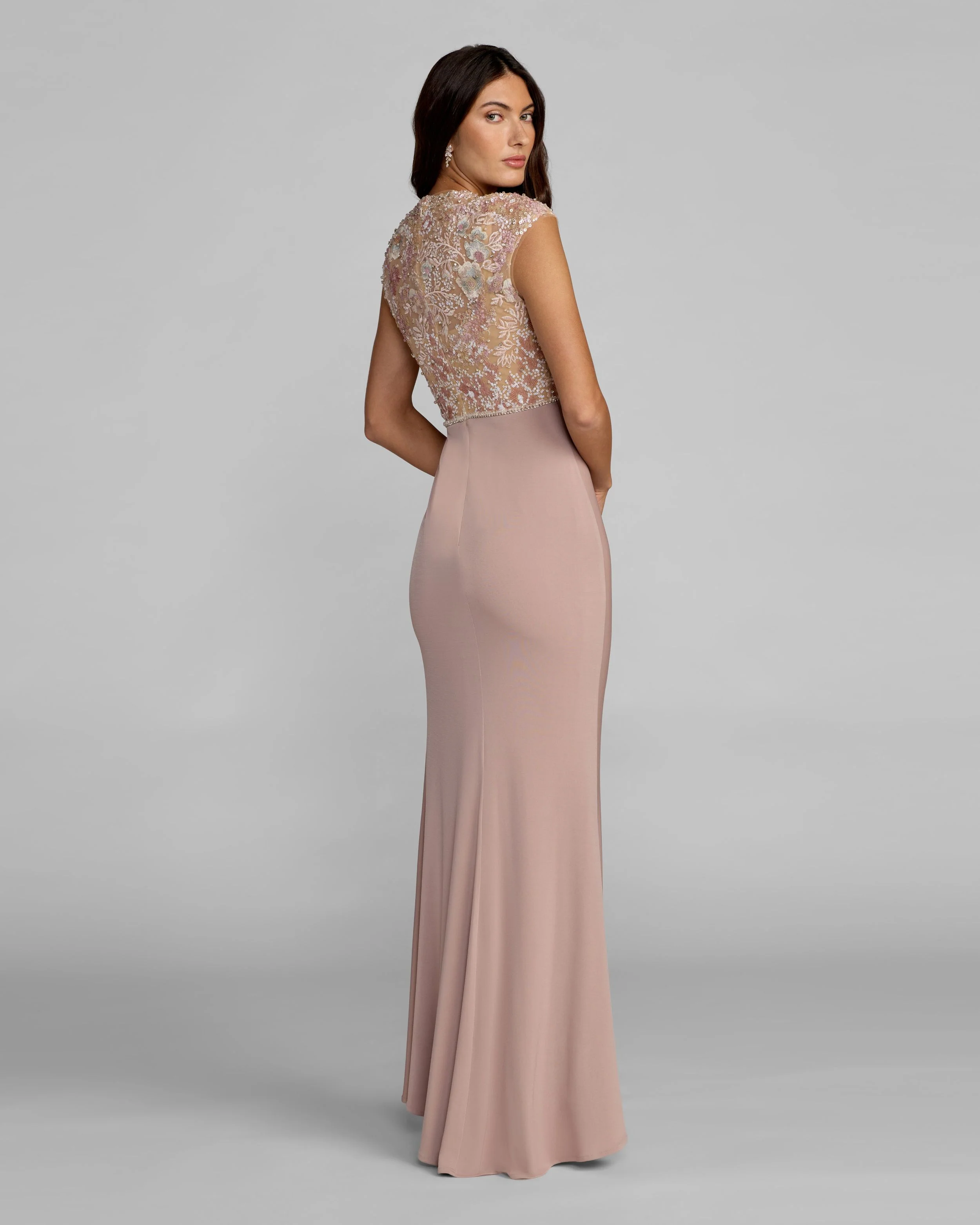 Purple Floral Embroidered Cap Sleeve Column Gown - Image 4