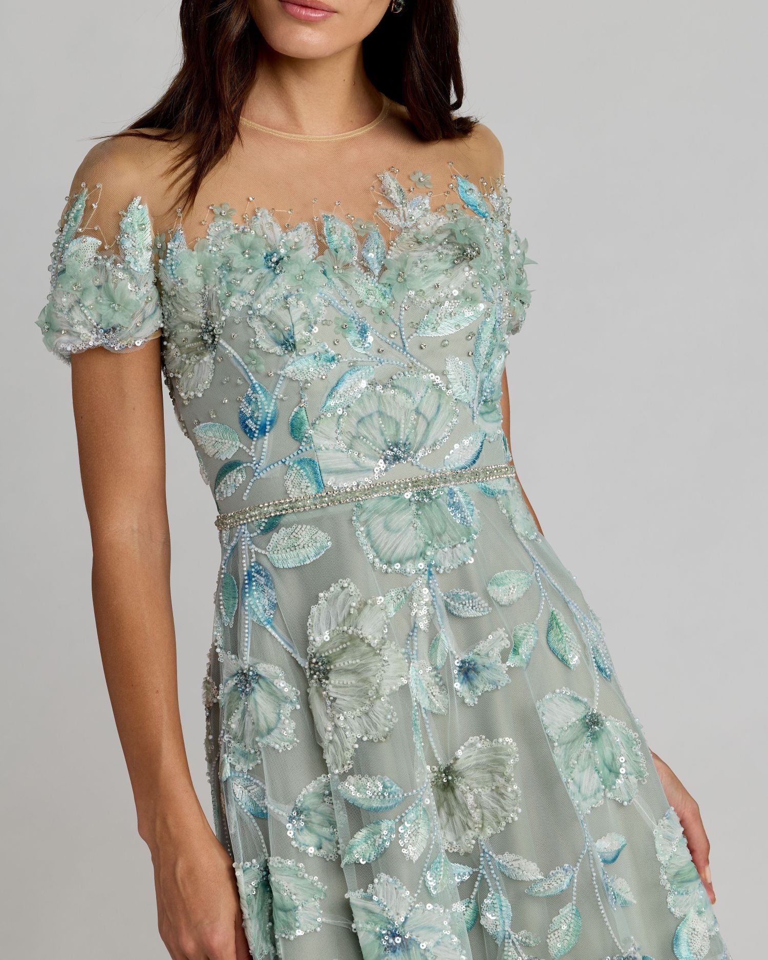 Green High Neck Cap Sleeve Embellished A-Line Gown - Image 2