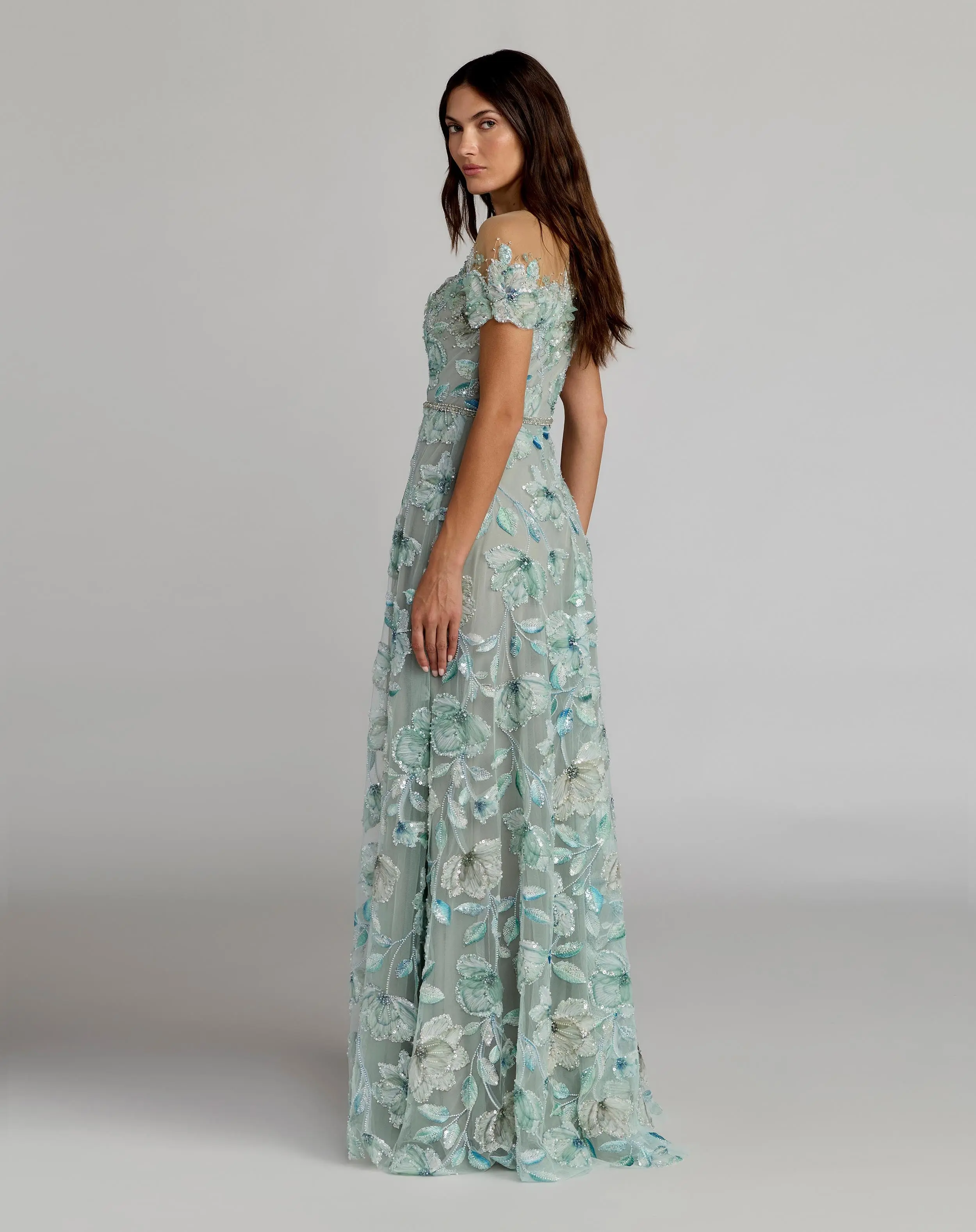 Green High Neck Cap Sleeve Embellished A-Line Gown - Image 3