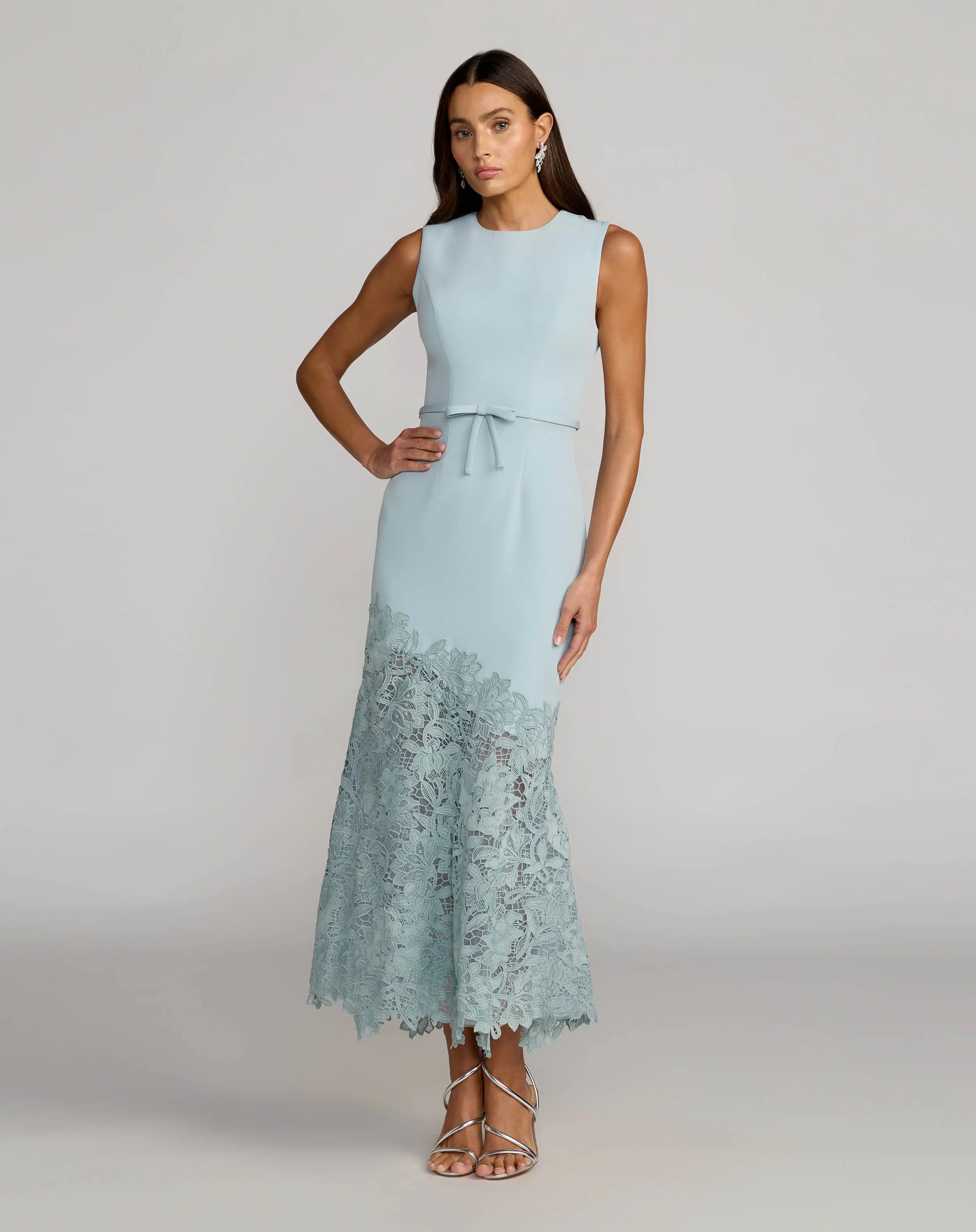 Blue Embroidered Hem Sleeveless Midi Dress with Bow